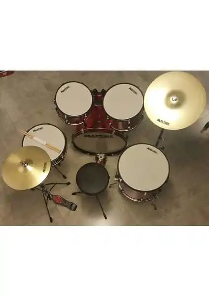 Maxtone 5 Parça Metalik Kırmızı Davul Seti Zil ve Tabure ile Profesyonel Müzik Performansı İçin
