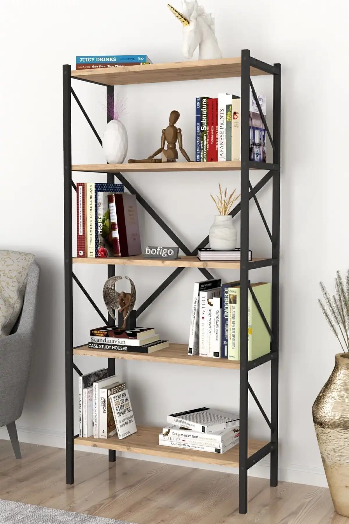 Bofigo Modern 5 Raflı Kitaplık - Şık Tasarım ve Dayanıklı Malzeme Özelliği