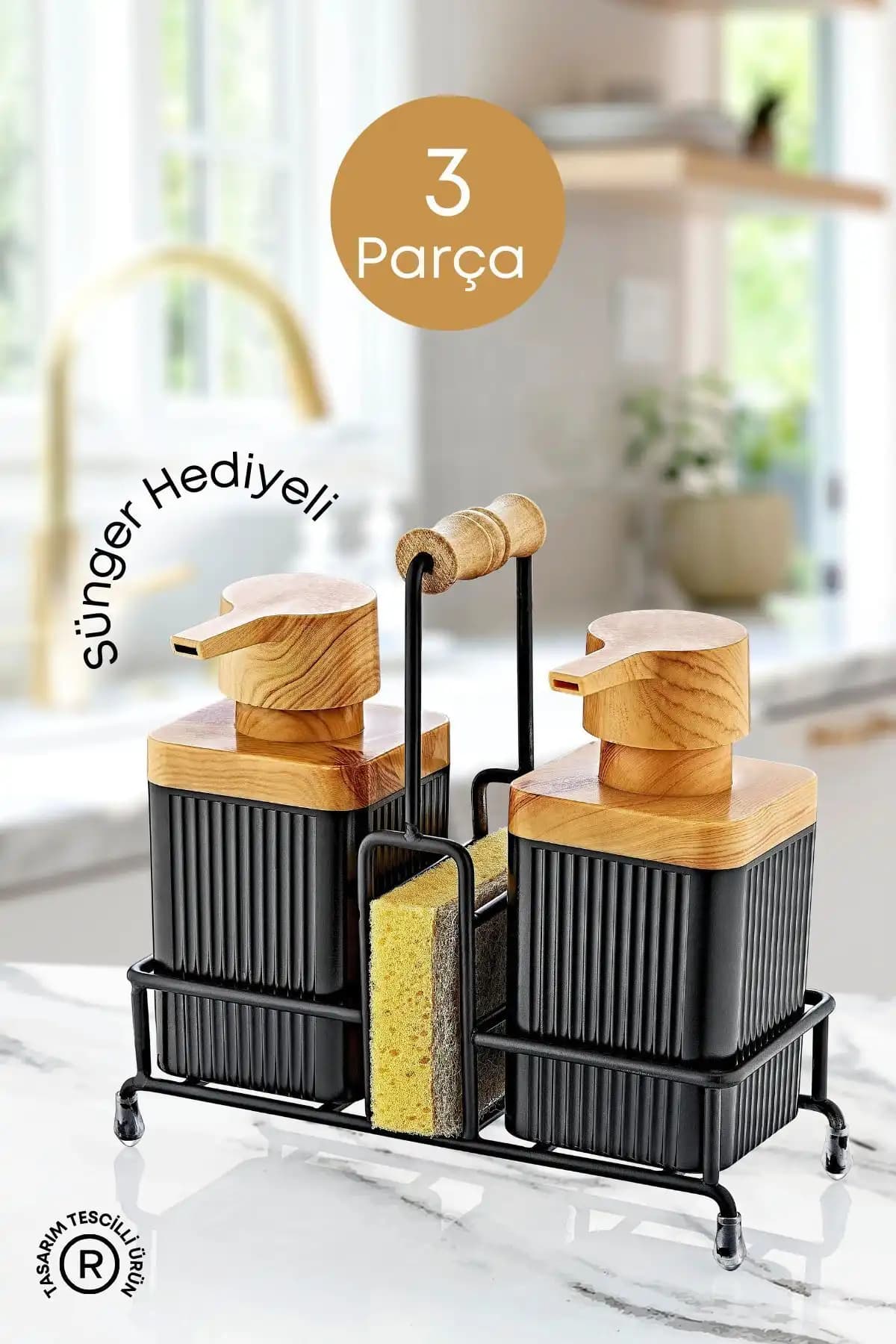 GRİMOR Life Mimoza Metal Standlı Ahşap Detaylı Bulaşık Deterjanı ve Sıvı Sabunluk Seti