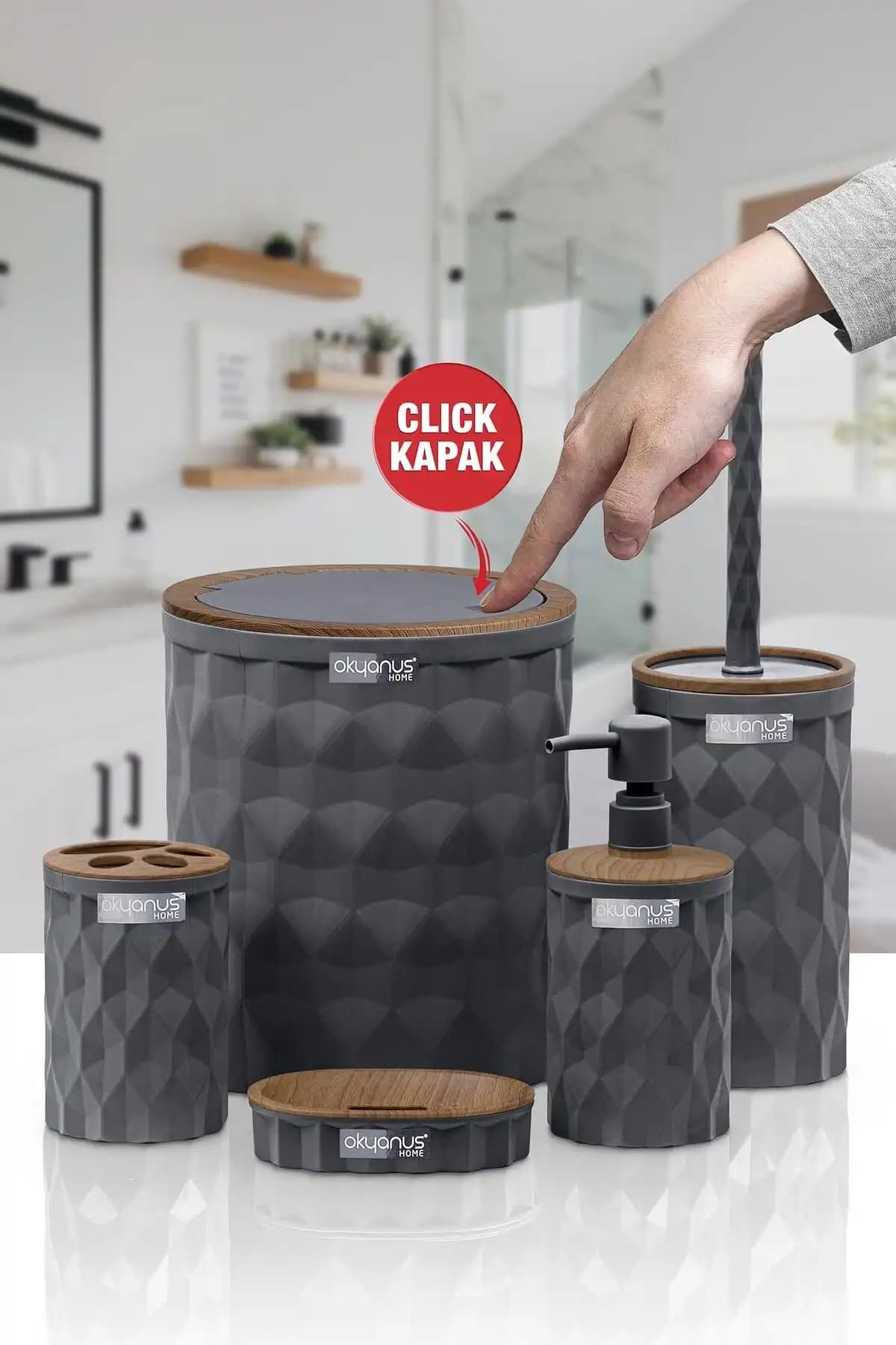 Okyanus Home Diamond Antrasit Ahşap Click Kapaklı 5'li Banyo Seti Modern ve Şık Tasarım