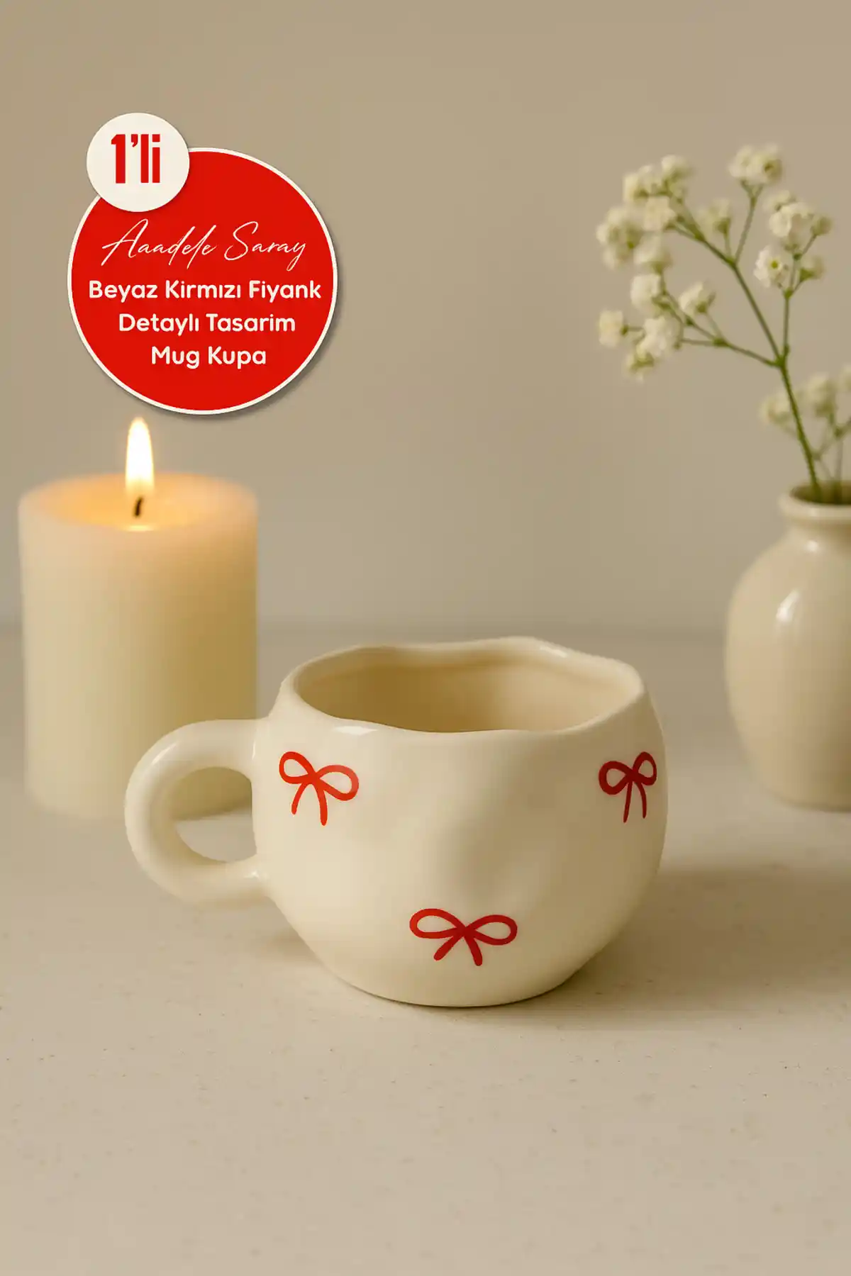 Anadolu Saray El Yapımı Seramik Kırmızı Fiyonk Baskılı Büyük Boy Kahve ve Çay Kupası
