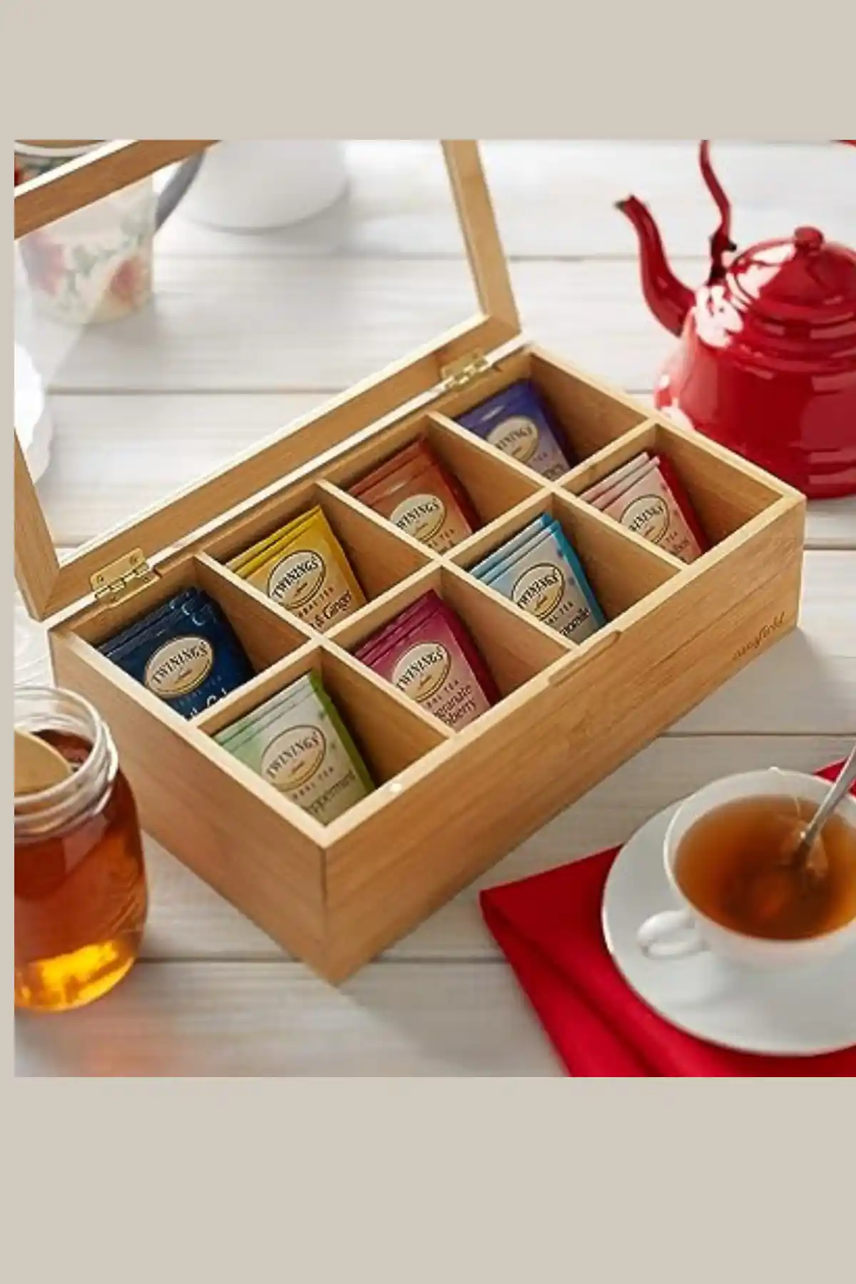 Bambu Çay Kutusu Organizatörü: Şeffaf Kapaklı ve Çok Amaçlı Doğal Saklama Çözümü