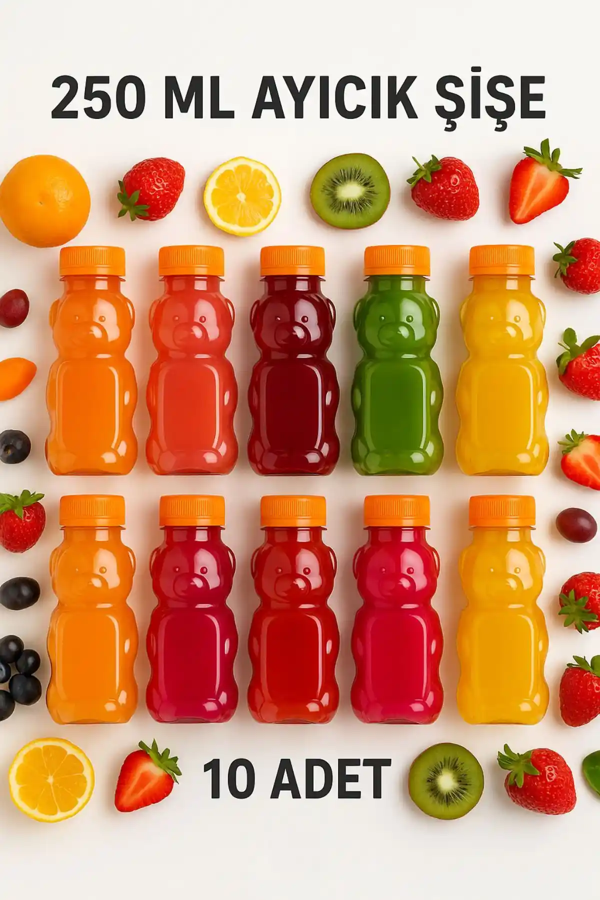 Çocuklar İçin Güvenli ve Eğlenceli 10'lu Ayıcık Şişe Seti Turuncu Kapaklı