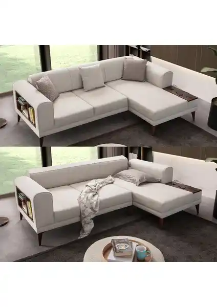 Edsy Home Krem Renkli Modern Köşe Koltuk Takımı Yatak Fonksiyonlu ve Dayanıklı Tasarım