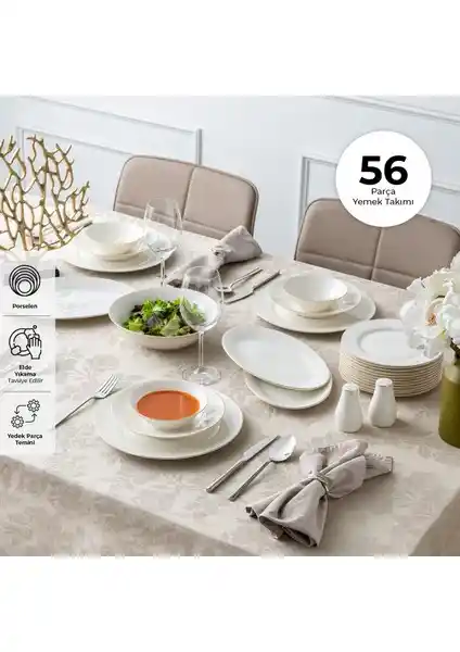 Emsan New Bone Frezya 56 Parça 12 Kişilik Porselen Yemek Takımı Şık ve Dayanıklı