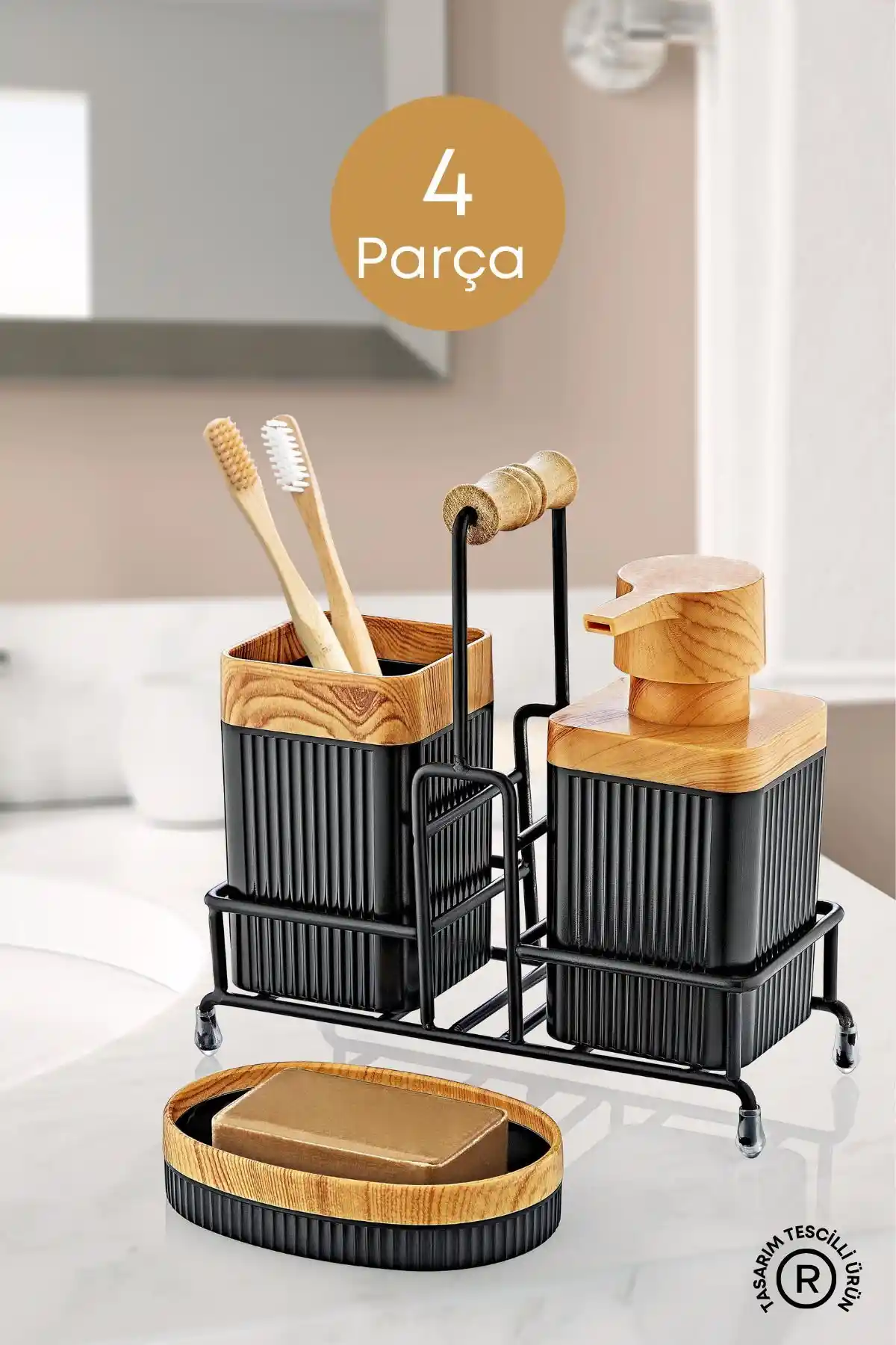 GRİMOR Life Metal Standlı Ahşap Detaylı Banyo Seti Modern ve Dayanıklı Tasarım