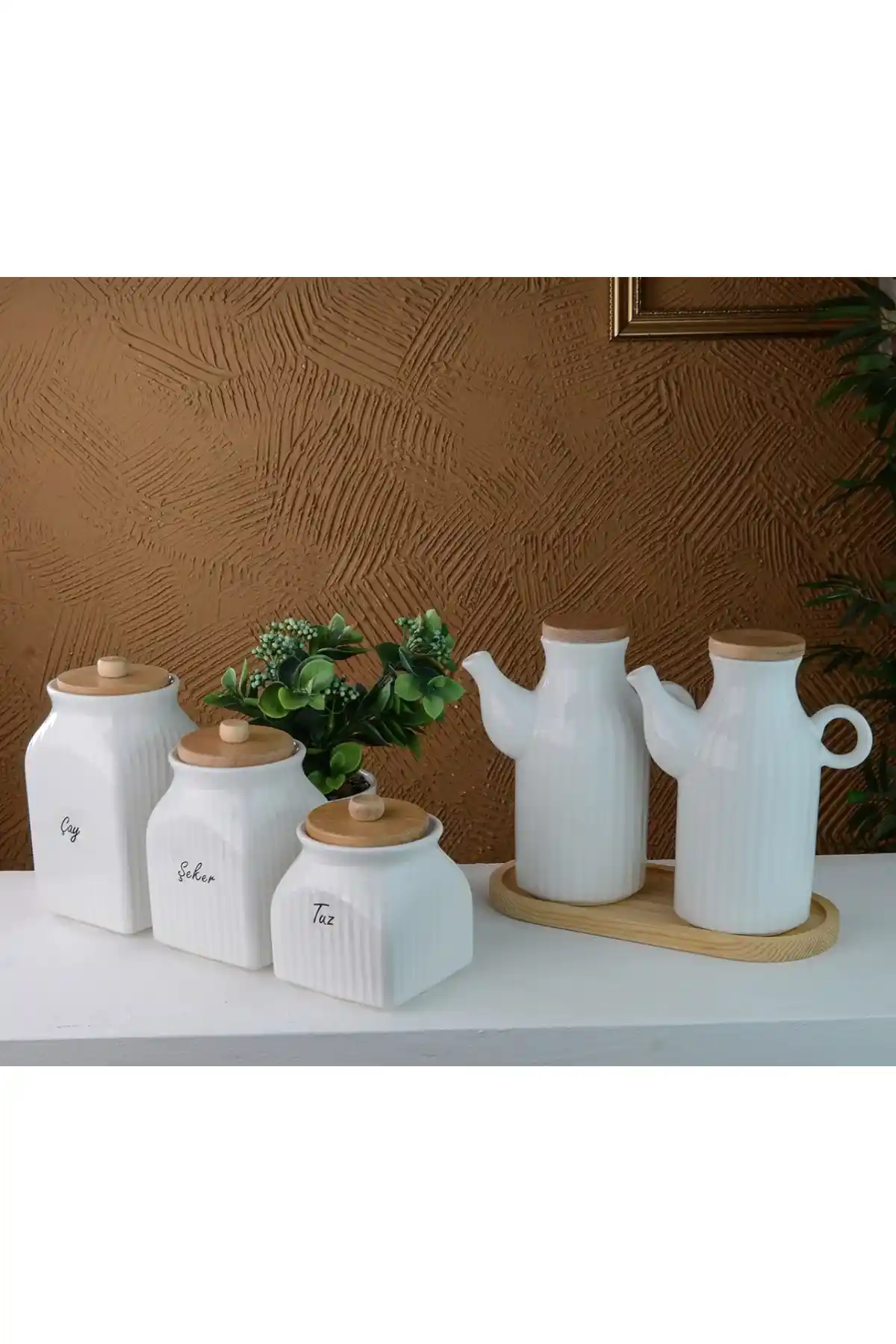 Kitchen Pembelia 2'li 6 Parça Bambu Standlı Porselen Yağdanlık ve Kavanoz Seti