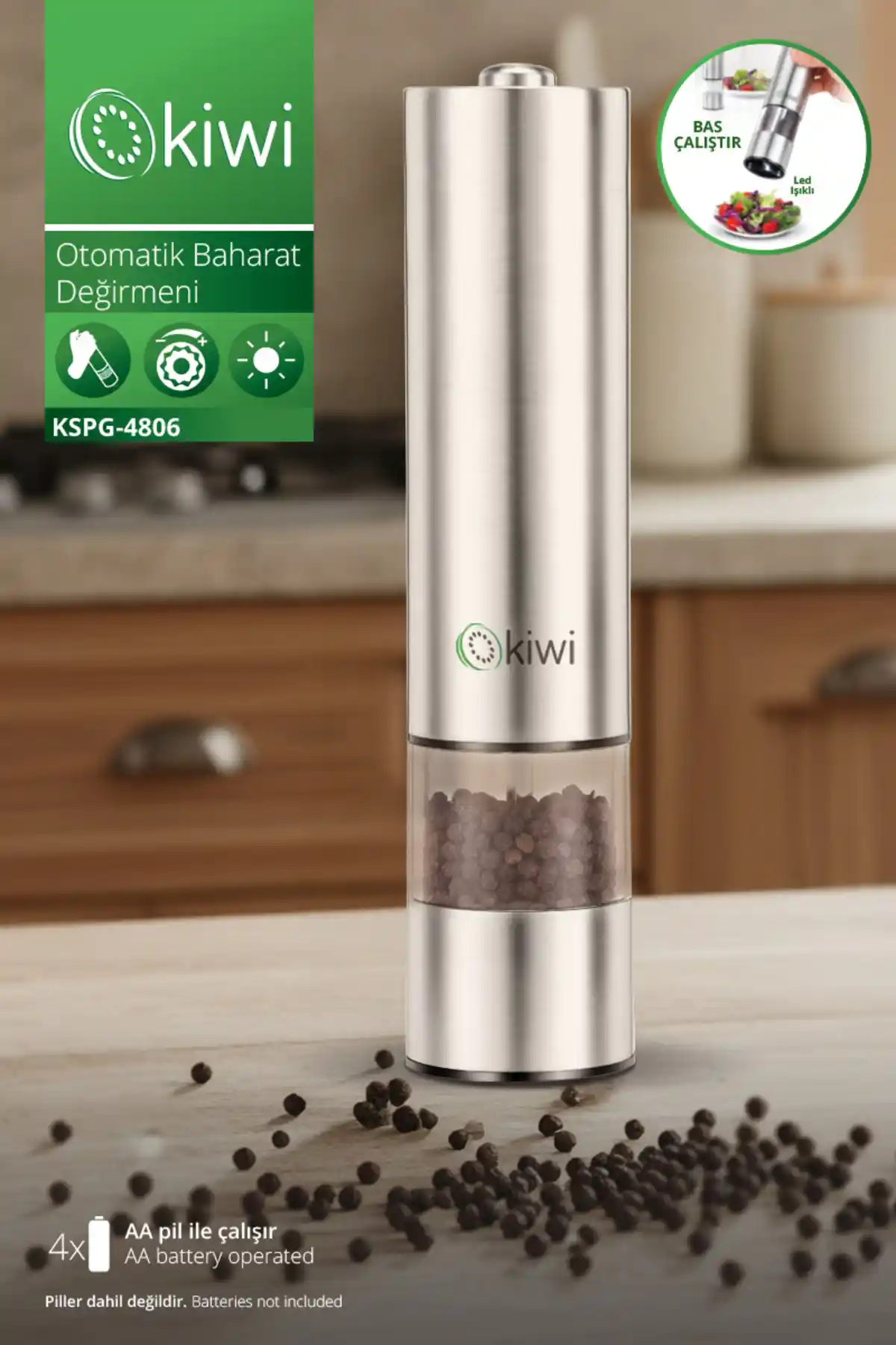 Kiwi Otomatik Ayarlanabilir Tuz ve Karabiber Baharat Değirmeni Modern Mutfaklar İçin
