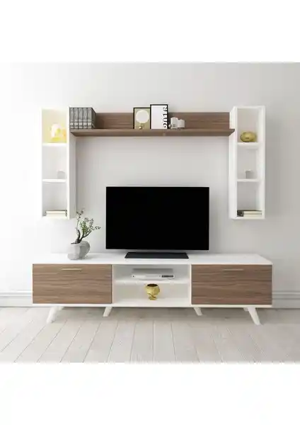 Moonlife Istanbul Beyaz Ceviz Dolaplı TV Ünitesi Modern Tasarım ve Fonksiyonellik