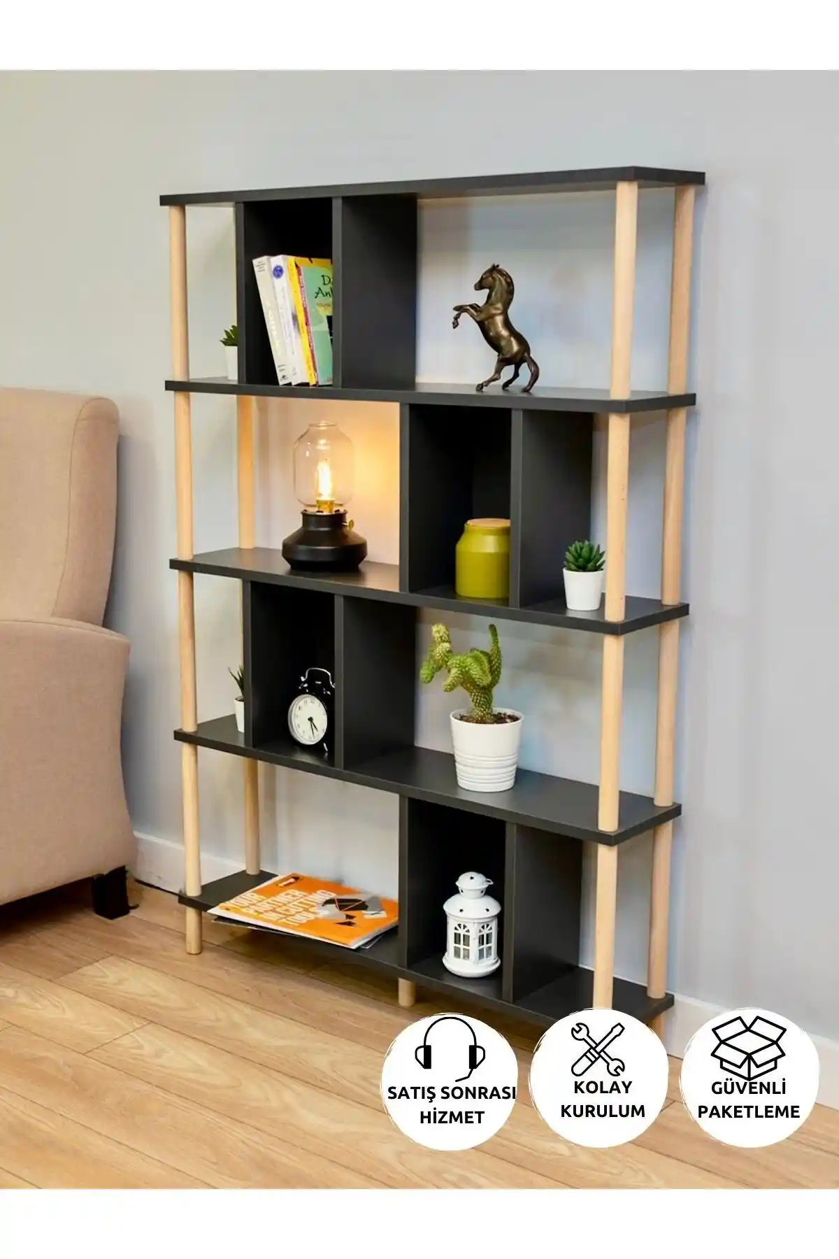 PEKA 5 Raflı Modern Dekoratif Kitaplık Gri Renkli, Şık ve Dayanıklı Tasarım