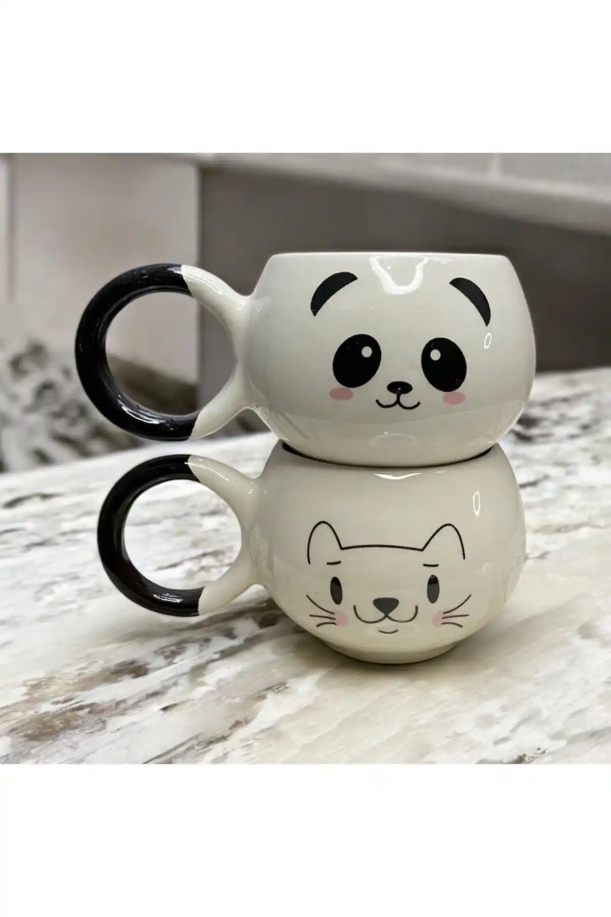 SeraCEY 2’li Baloncuk Panda ve Kedi Desenli Seramik Kupa Günlük Kullanım İçin Uygun