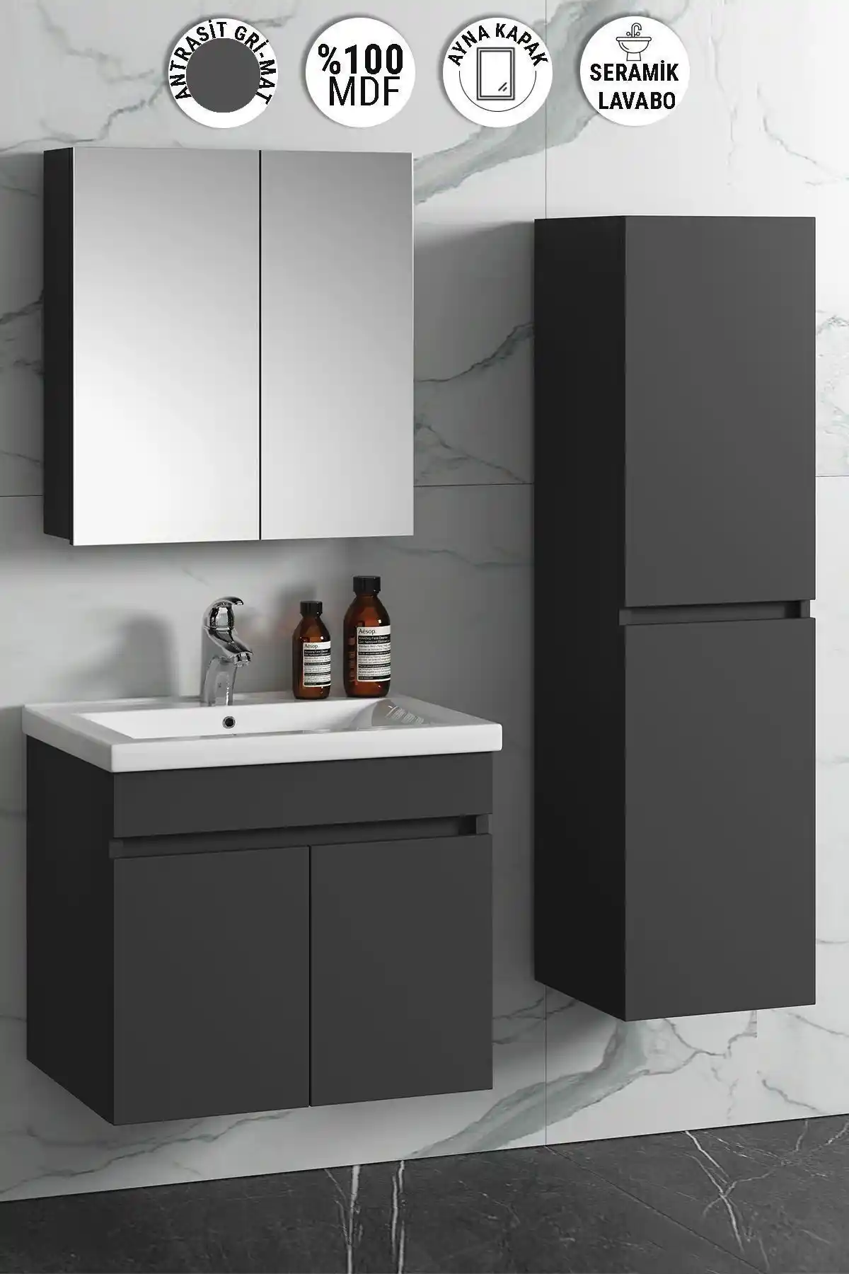 65x35 cm Antrasit Gri Mat MDF Seramik Lavabolu Asma Banyo Dolabı Takımı