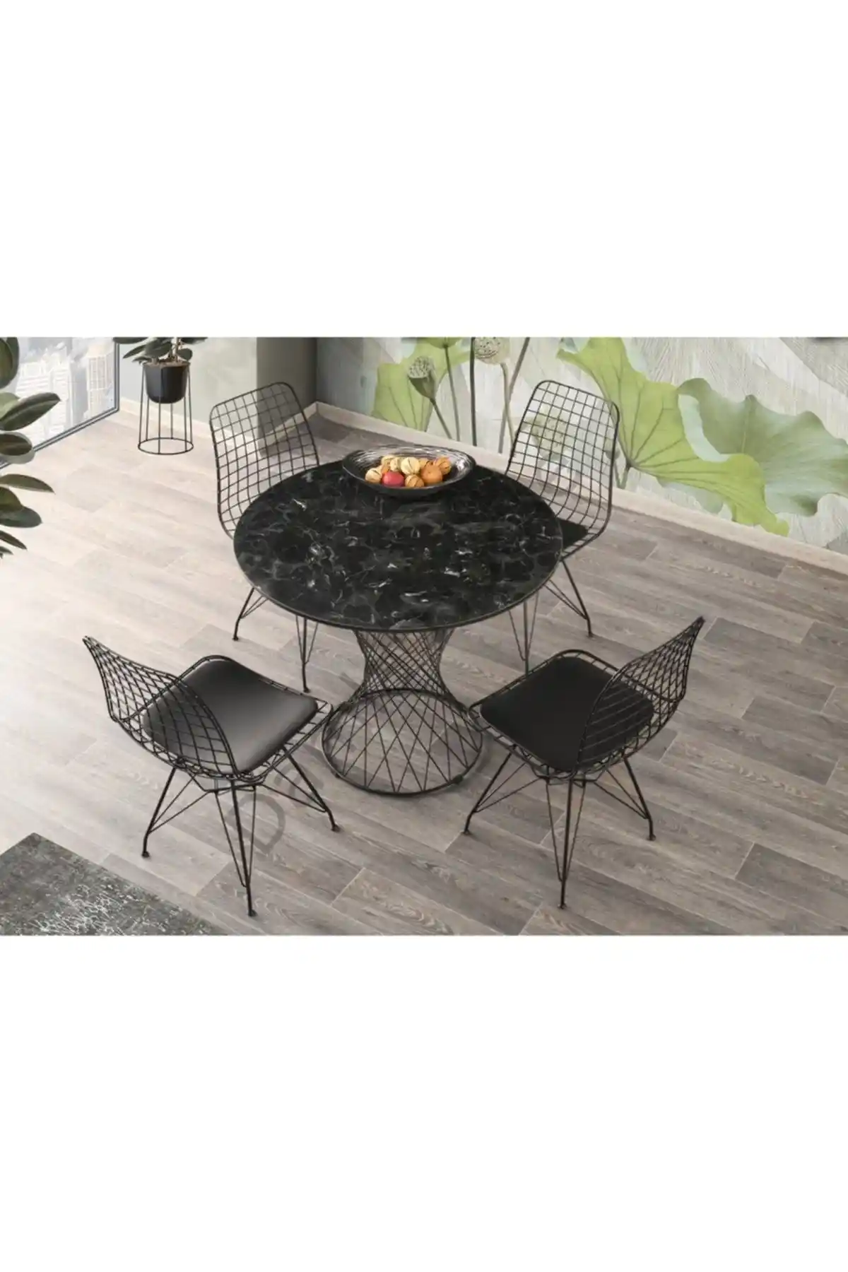 Avvio 90x90 Parla Yuvarlak Modern Mutfak Masa Takımı Siyah Mermer Desenli