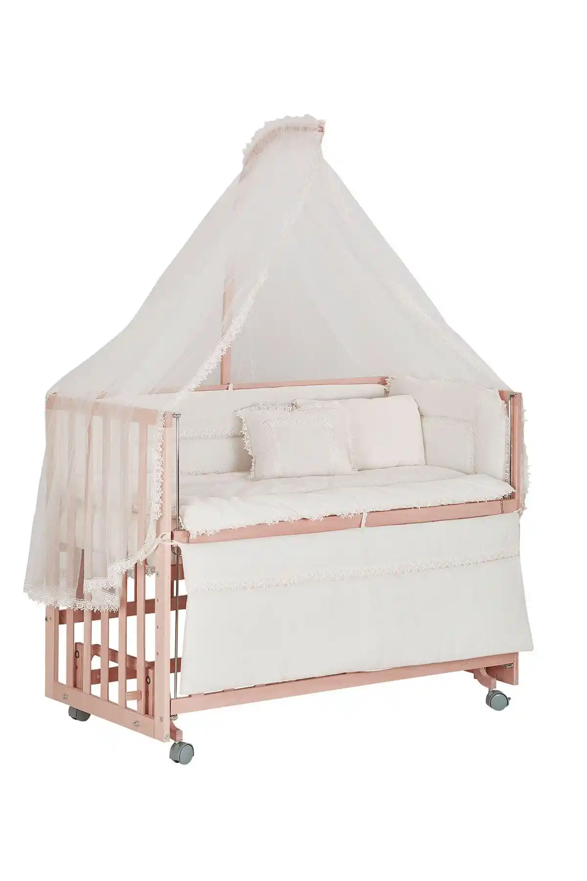 Babycom Doğal Ahşap Boyasız Sallanır Anne Yanı Tekerlekli Beşik Güvenli ve Şık Bebek Uyku Alanı