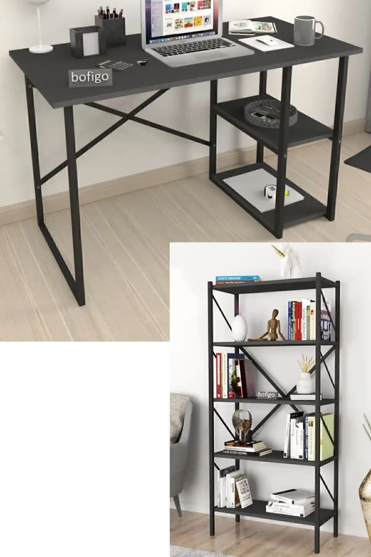 Bofigo 2 Raflı Çalışma Masası ve Kitaplık Seti Modern Tasarım ve Dayanıklılık