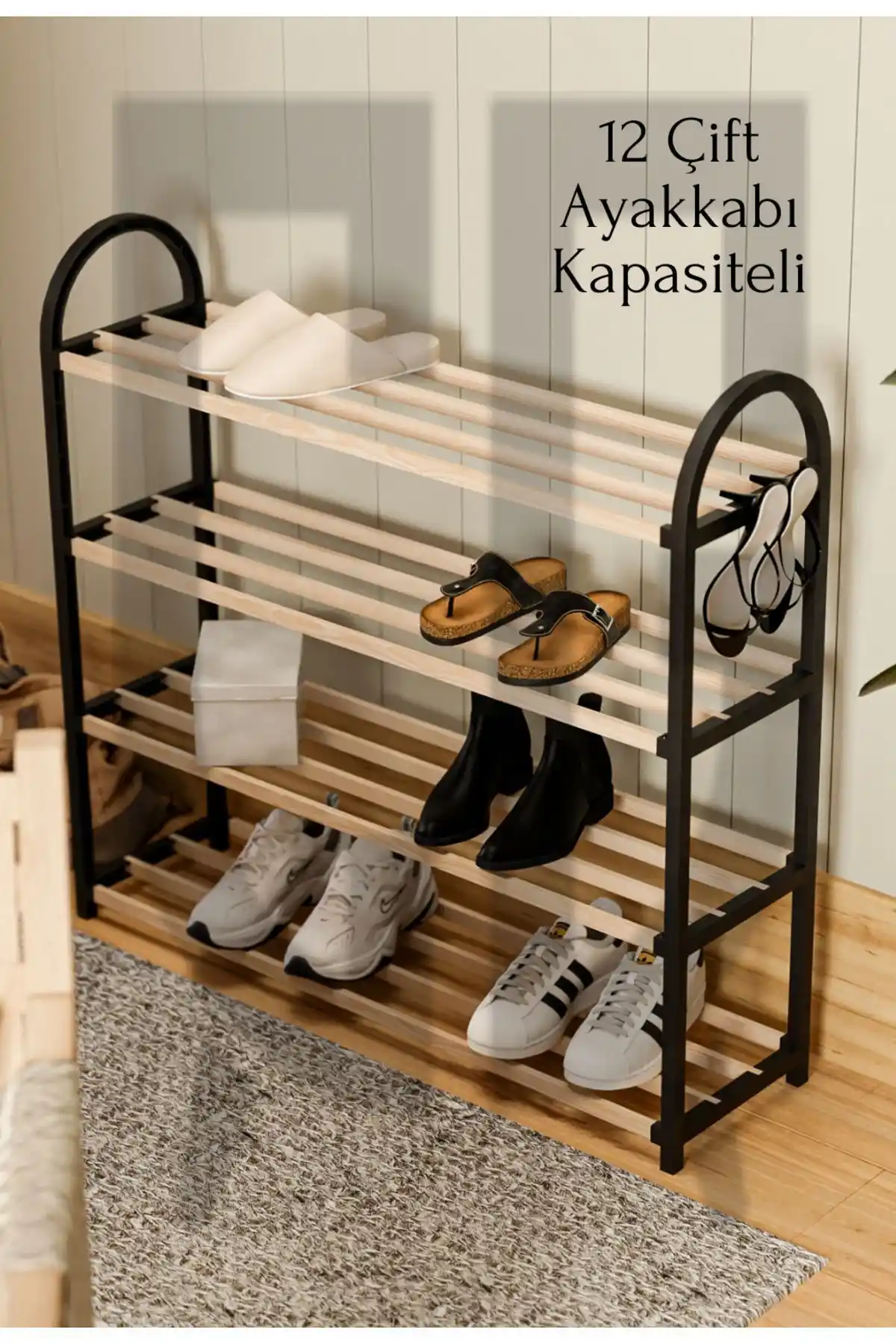 Çavdar Group Chawood Siyah Ahşap 4 Bölmeli Ayakkabılık Modern ve Retro Tasarım