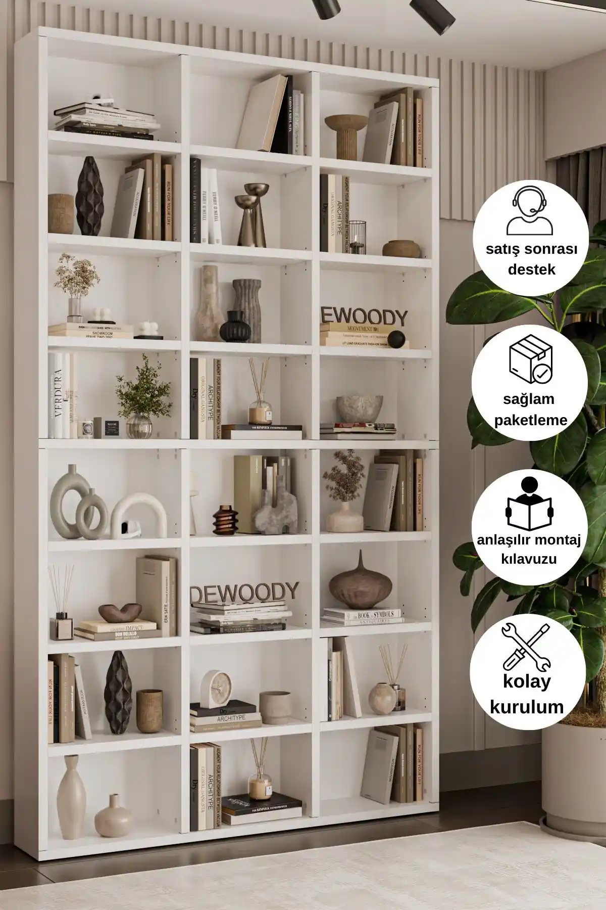 DEWOODY Çok Raflı Dekoratif Kitaplık - Modern ve Estetik İç Mekan Çözümü