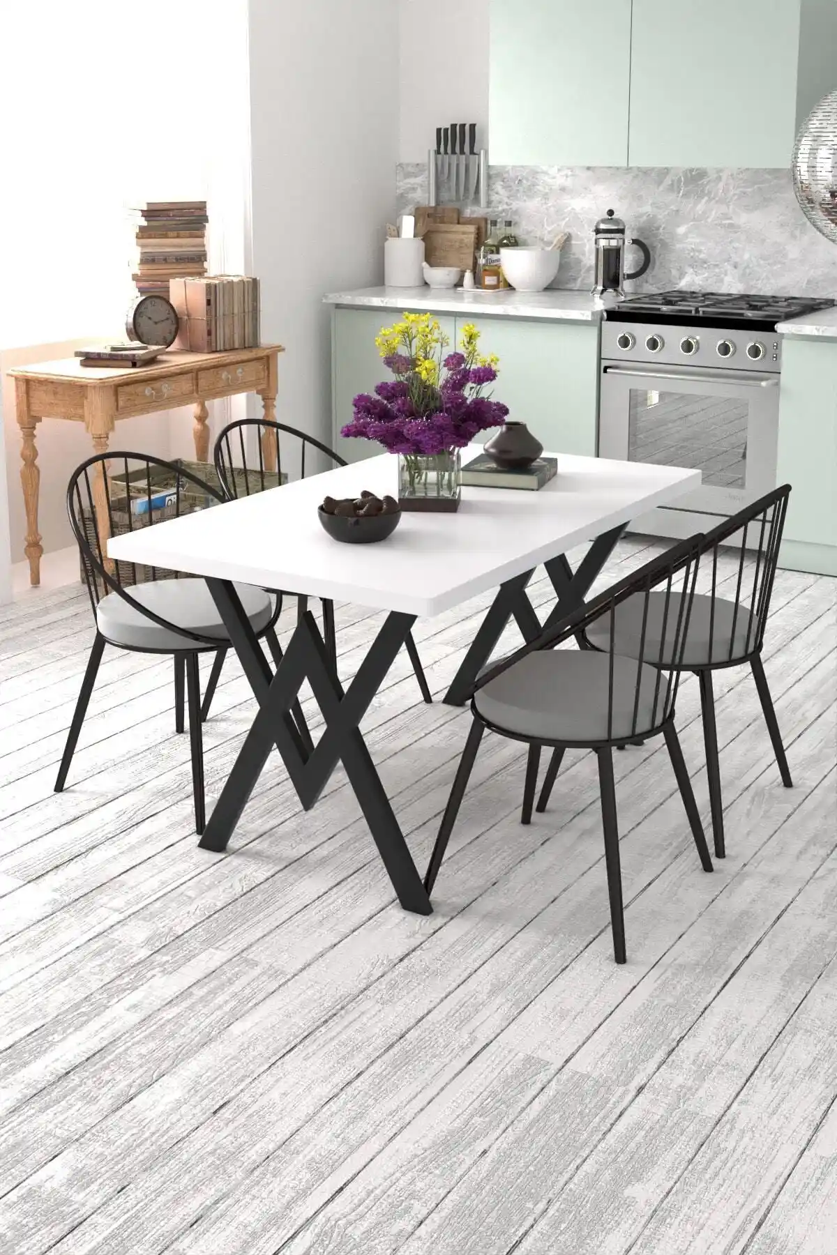 EvDemo Eylül 4 Kişilik Modern Mutfak Masası Beyaz Gri Şık ve Dayanıklı Tasarım