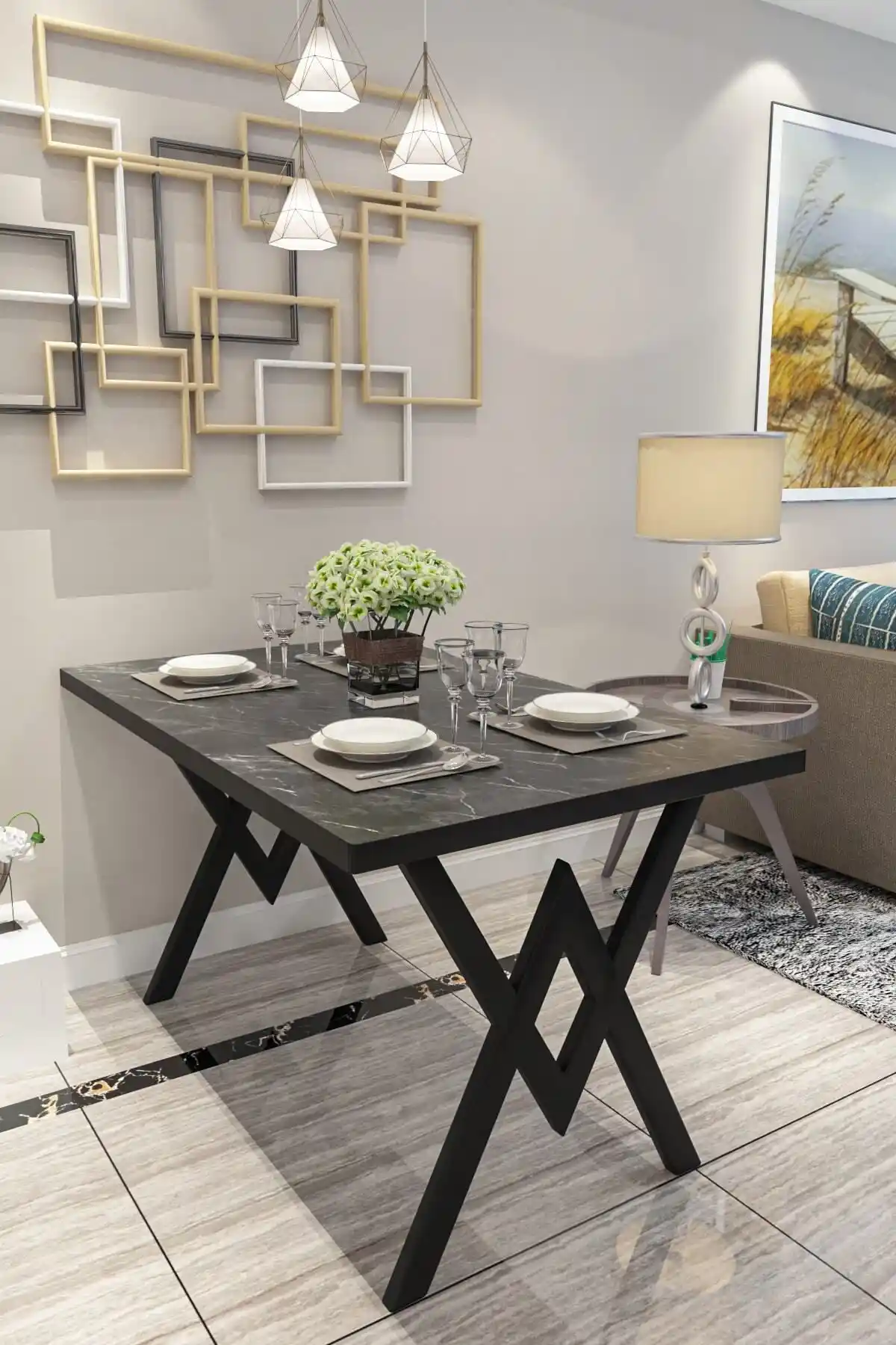 Evdemo Siyah Mermer Parla Mutfak Yemeği Masası Modern ve Dayanıklı Tasarım