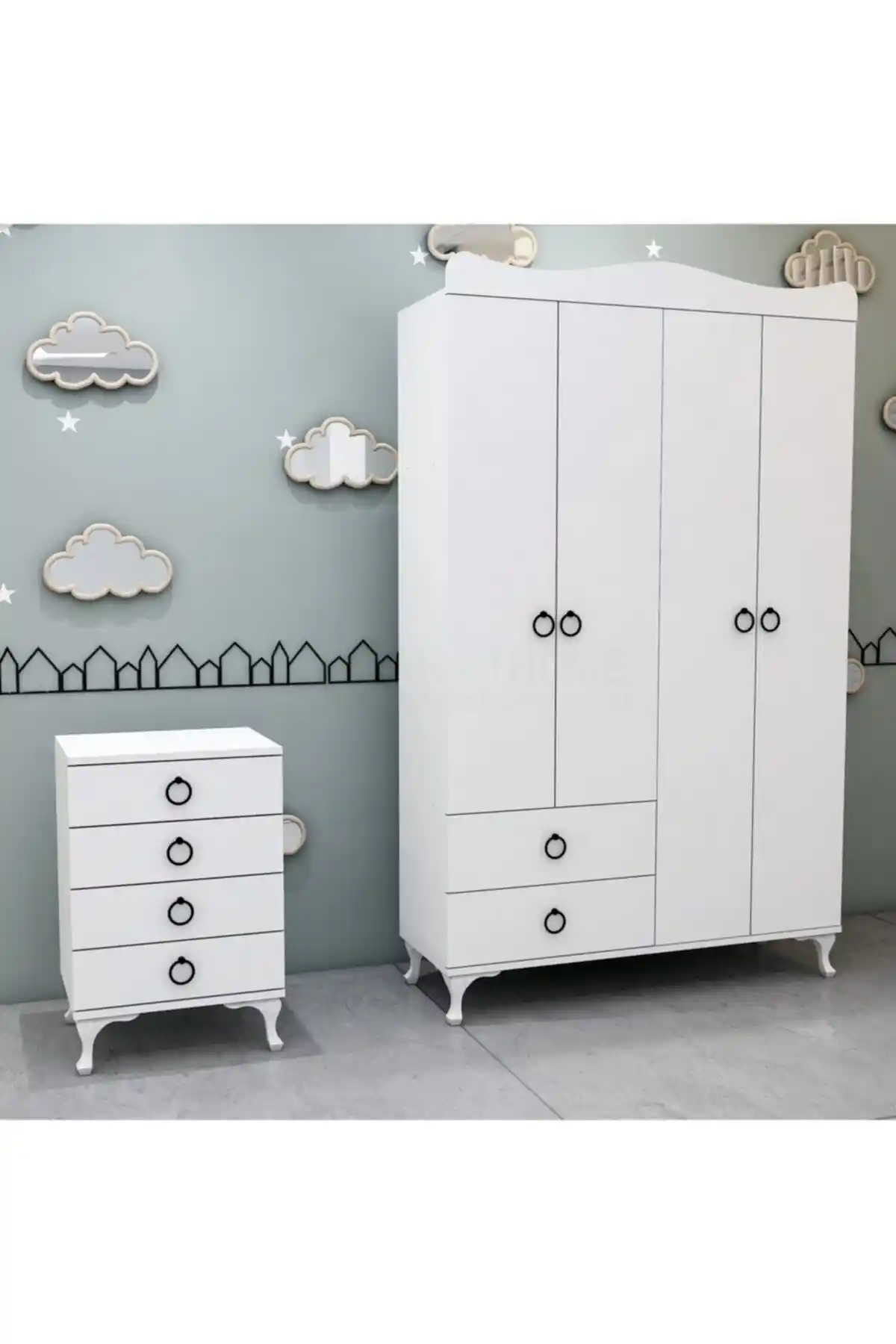 Garaj Home Yılz Serisi 4 Kapaklı Dolap ve Komodin Seti Modern ve Dayanıklı Tasarım