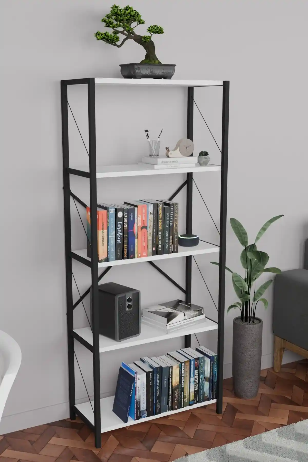 Genel Markalar Metal Kitaplık Beyaz 5 Raflı Dekoratif ve Dayanıklı Tasarım