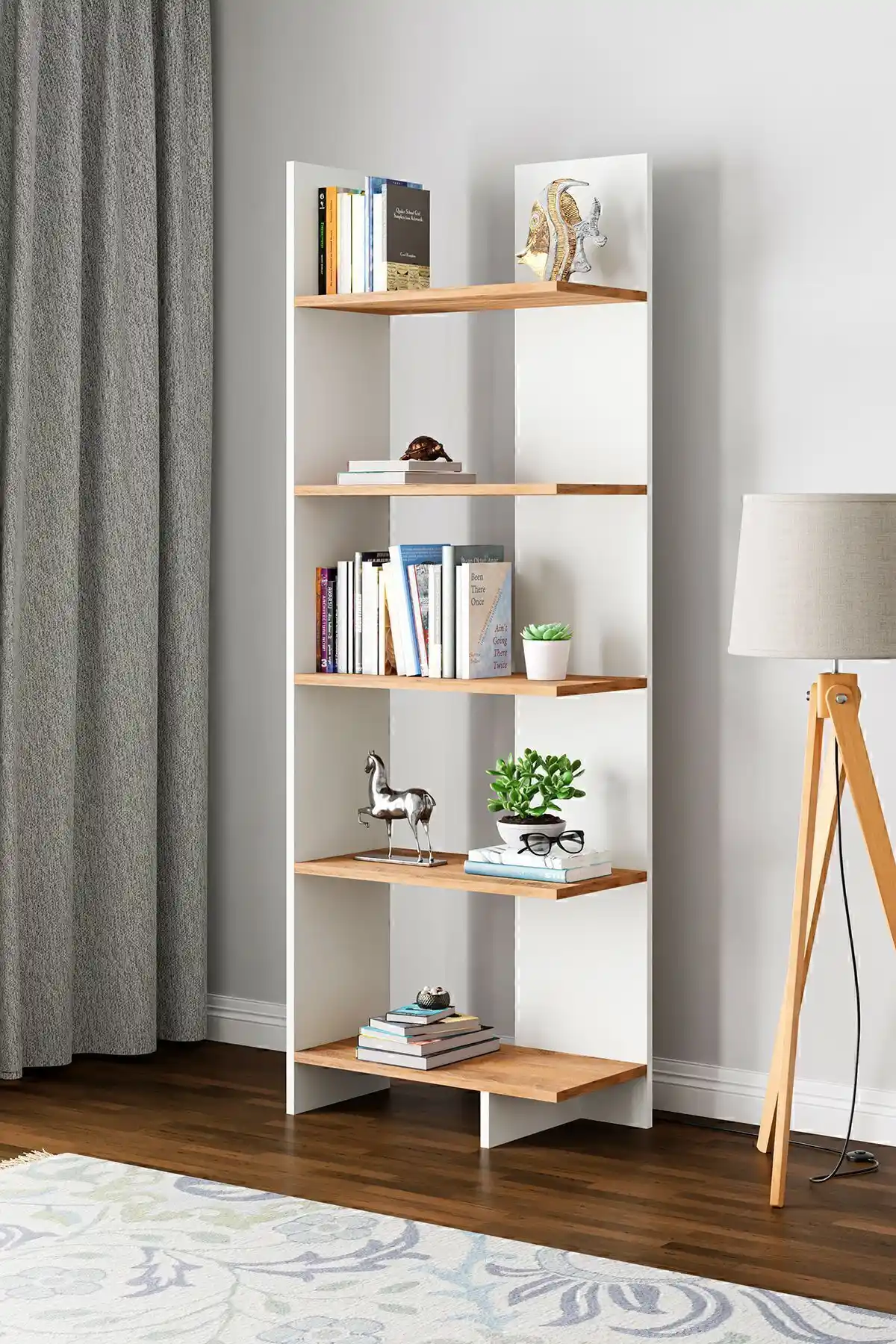 interGO Asimetrik Beş Raflı Kitaplık Beyaz ve Atlantik Çam Renk Seçenekleriyle Modern Tasarım