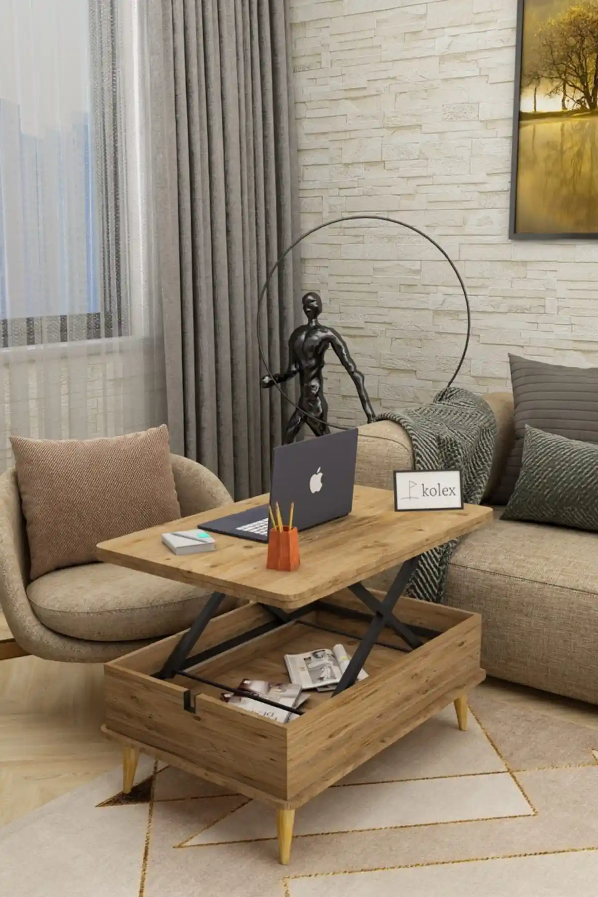 Kolexonline Desensiz 3 Kademeli Akıllı Sehpa Çam Renk Modern Çok Fonksiyonlu Tasarım