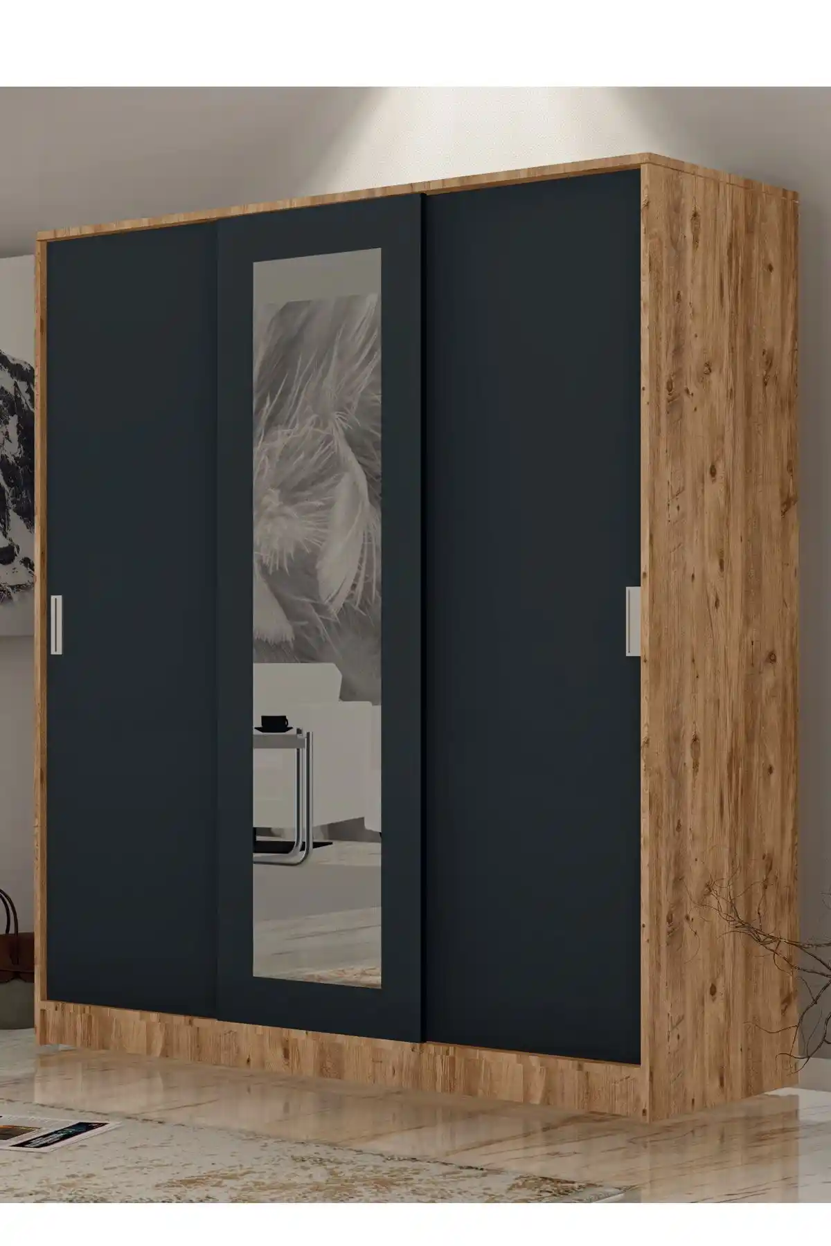 Metalia Antrasit Gri Gm 644 Sline 3 Kapılı Sürgülü Askılıklı Raflı Atlantik Çam Gardrop