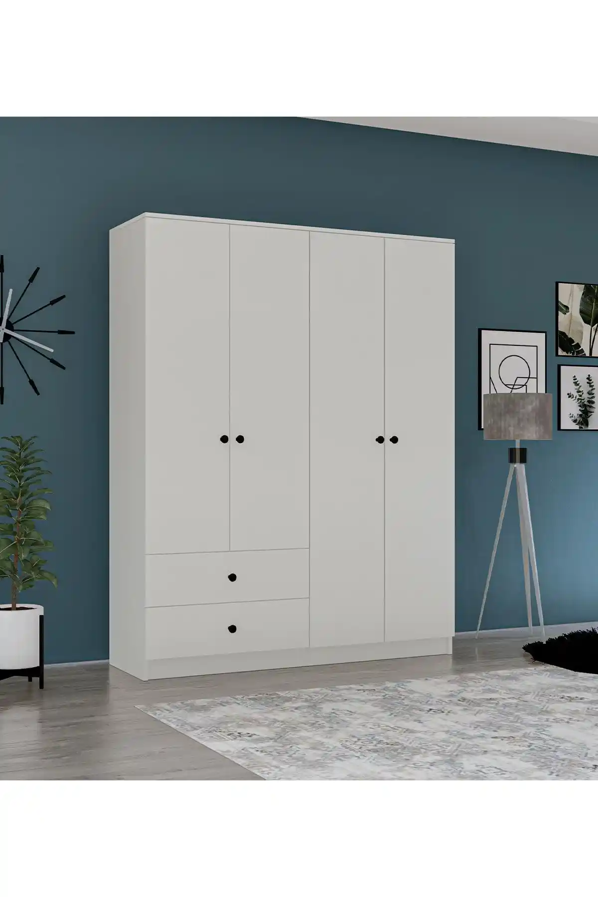 Metalia Gm 077 Novado Düğme Kulplu 4 Kapak ve 2 Çekmeceli Modern Garırop