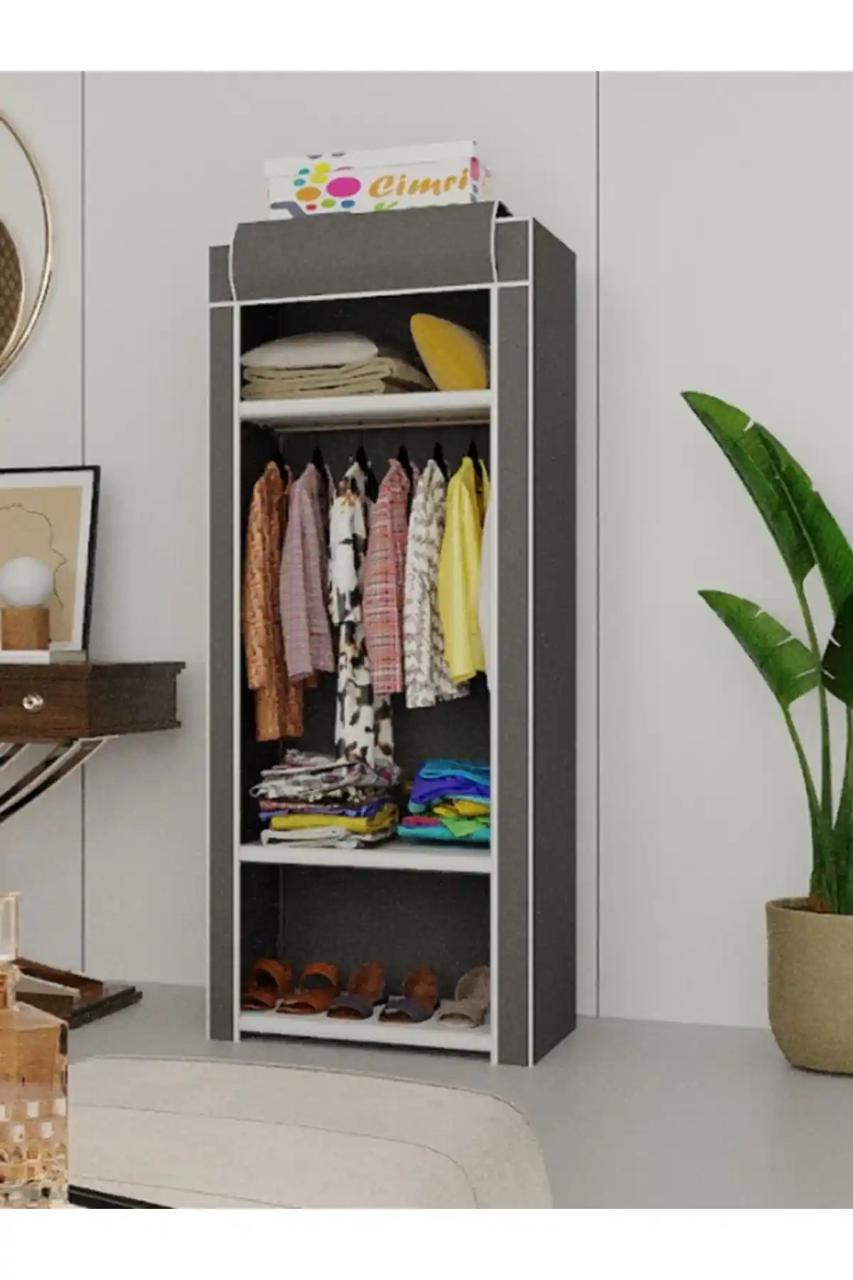 Modern Gri Bez Dolap 3 Raflı Askılı Depolama Ünitesi 64 cm genişliğinde