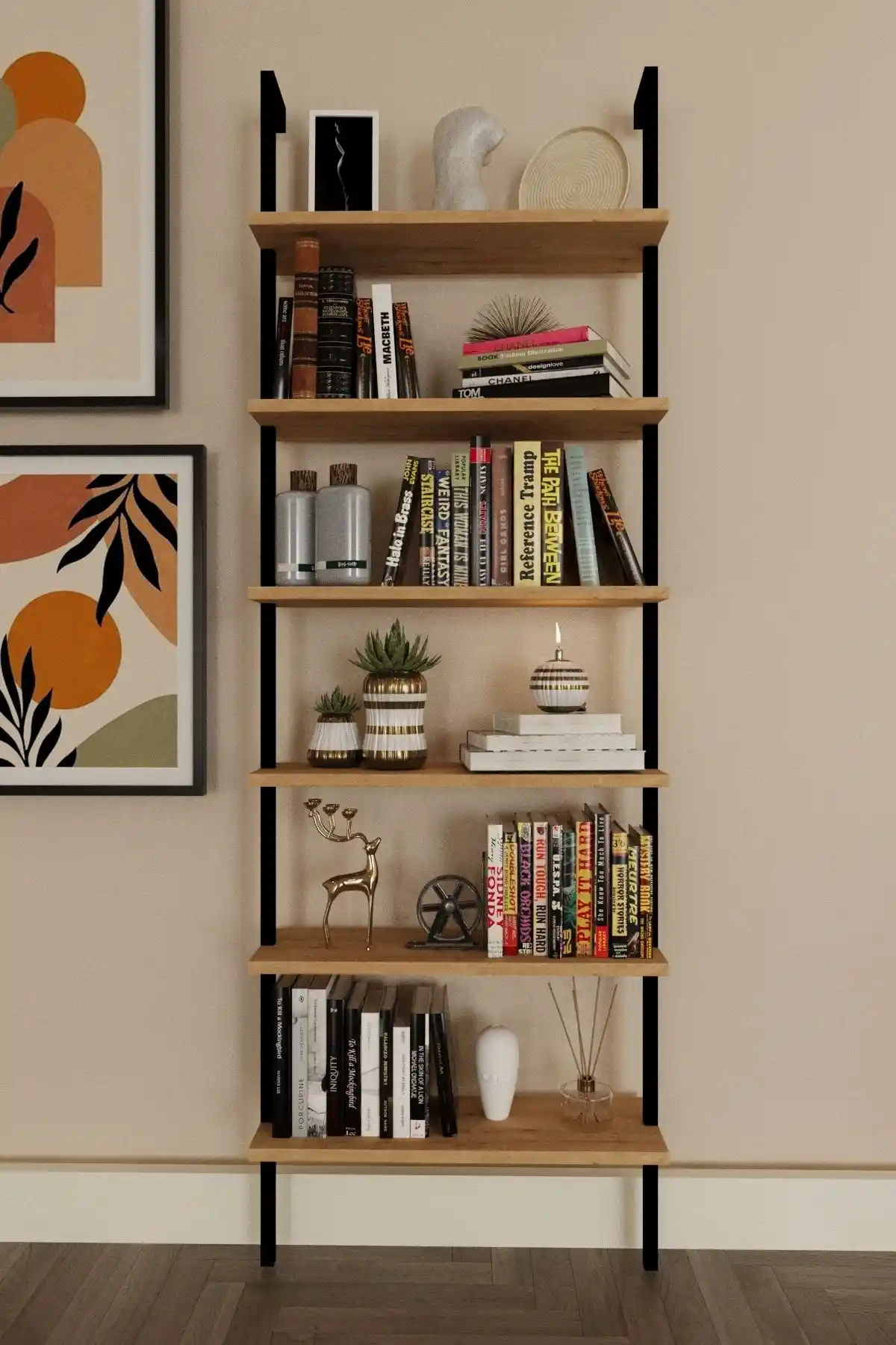 Modern Siyah Metal ve Suntalam Duvara Monte Kitaplık: Şıklık ve Kullanışlılık Bir Arada