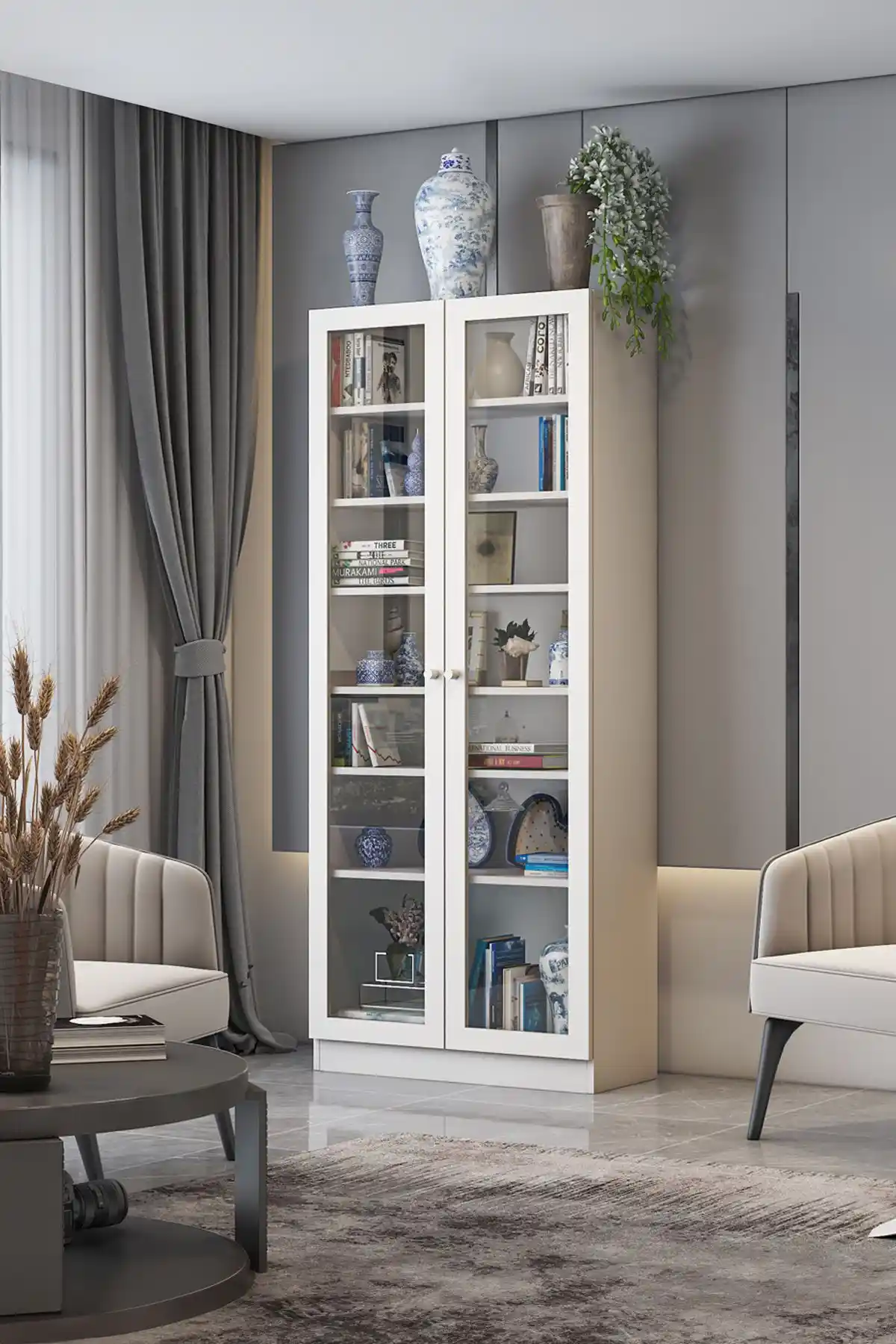 Modern ve Şık Cam Kapaklı Kitaplık DEKOREX Ktp211-c Beyaz 80 cm genişliğinde