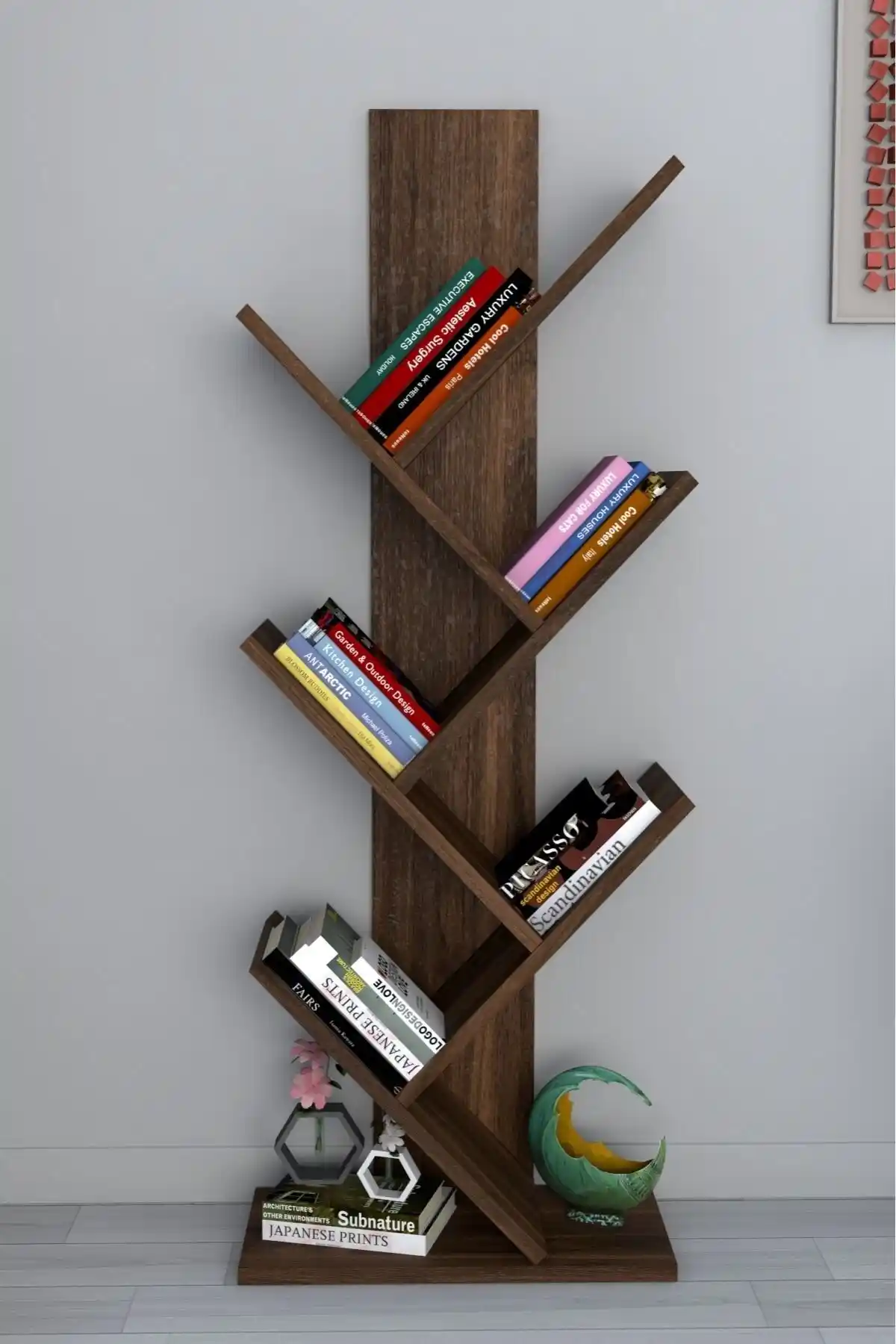 Moonlife Tree Dekoratif Kitaplık Ceviz Renkli Modern ve Dayanıklı Tasarım