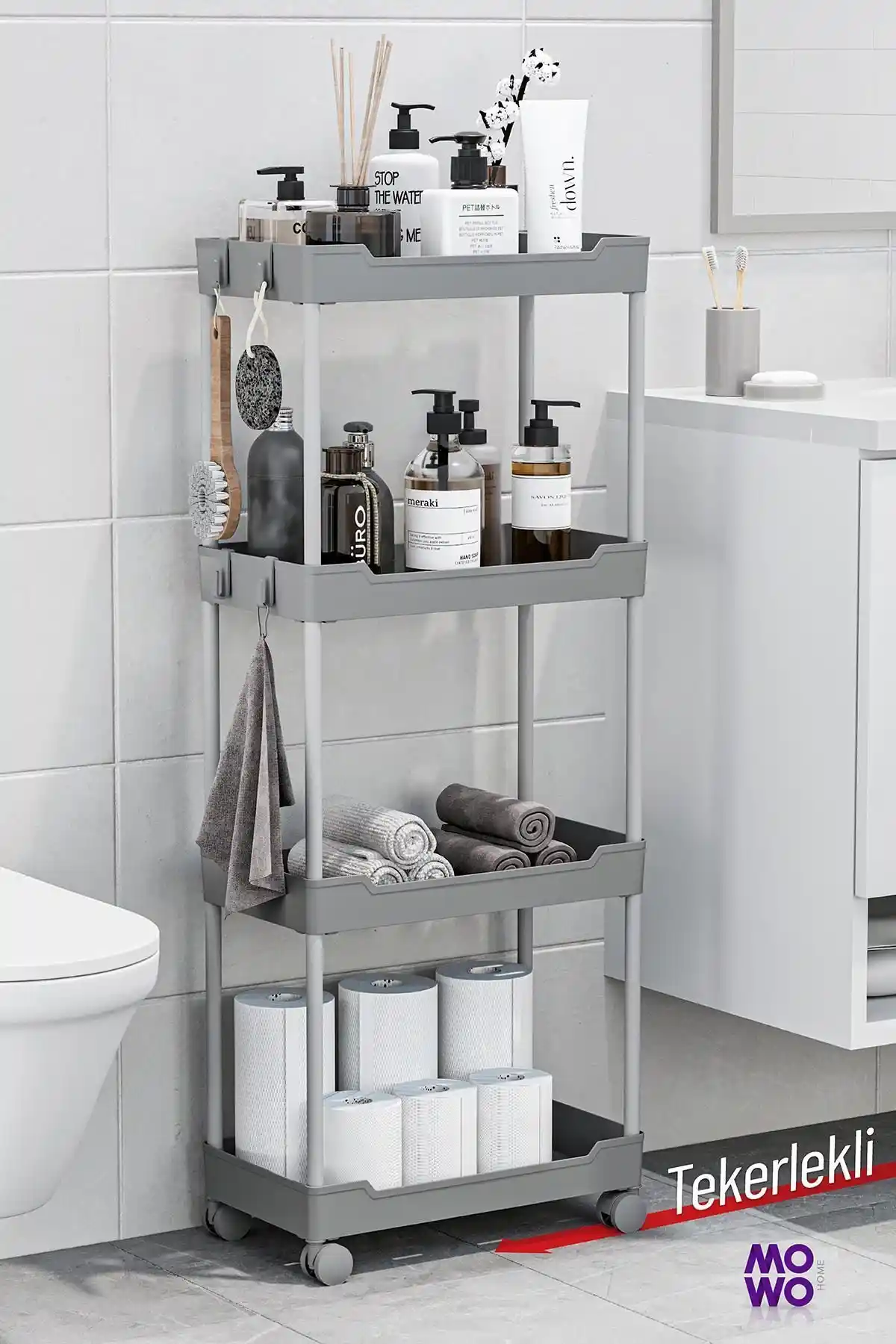 Mowo Home 4 Katlı Gri Tekerlekli Raf ile Mutfak ve Banyo Düzeninizi Geliştirin