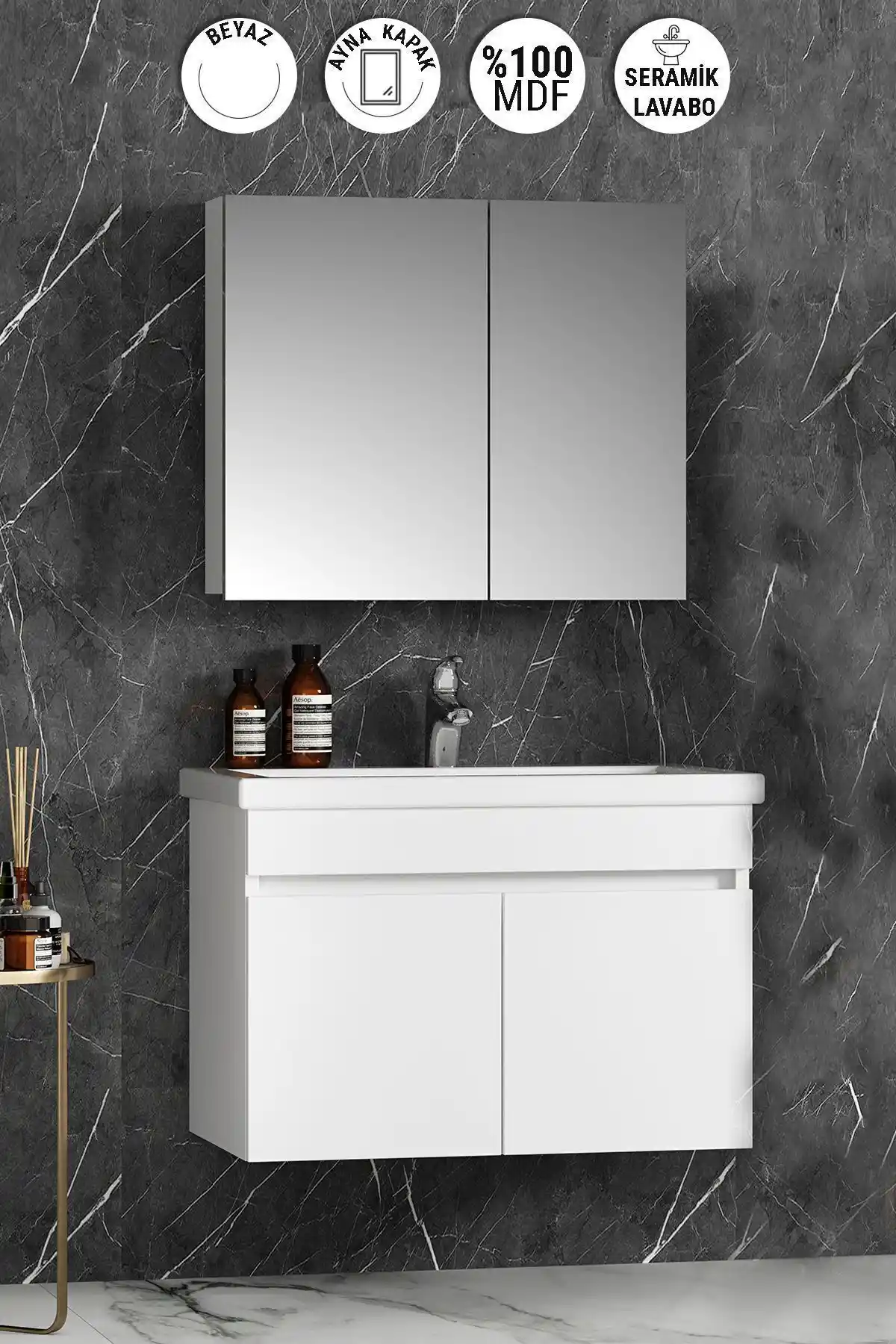 Özceden Çiğdem Beyaz MDF Seramik Lavabolu Asma Banyo Dolabı Takımı 80 cm genişlikte modern tasarım