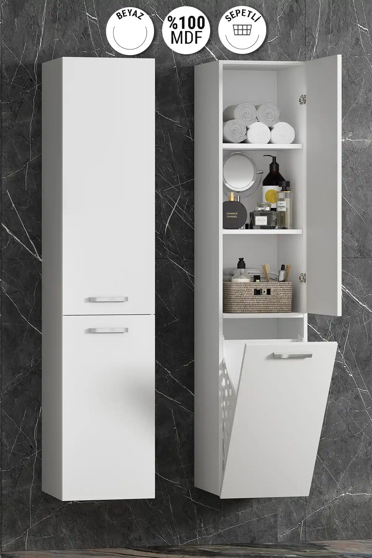 Özceden Yeni Boy 35x167 cm Beyaz MDF Sepetli Banyo Dolabı Modern ve Fonksiyonel Tasarım