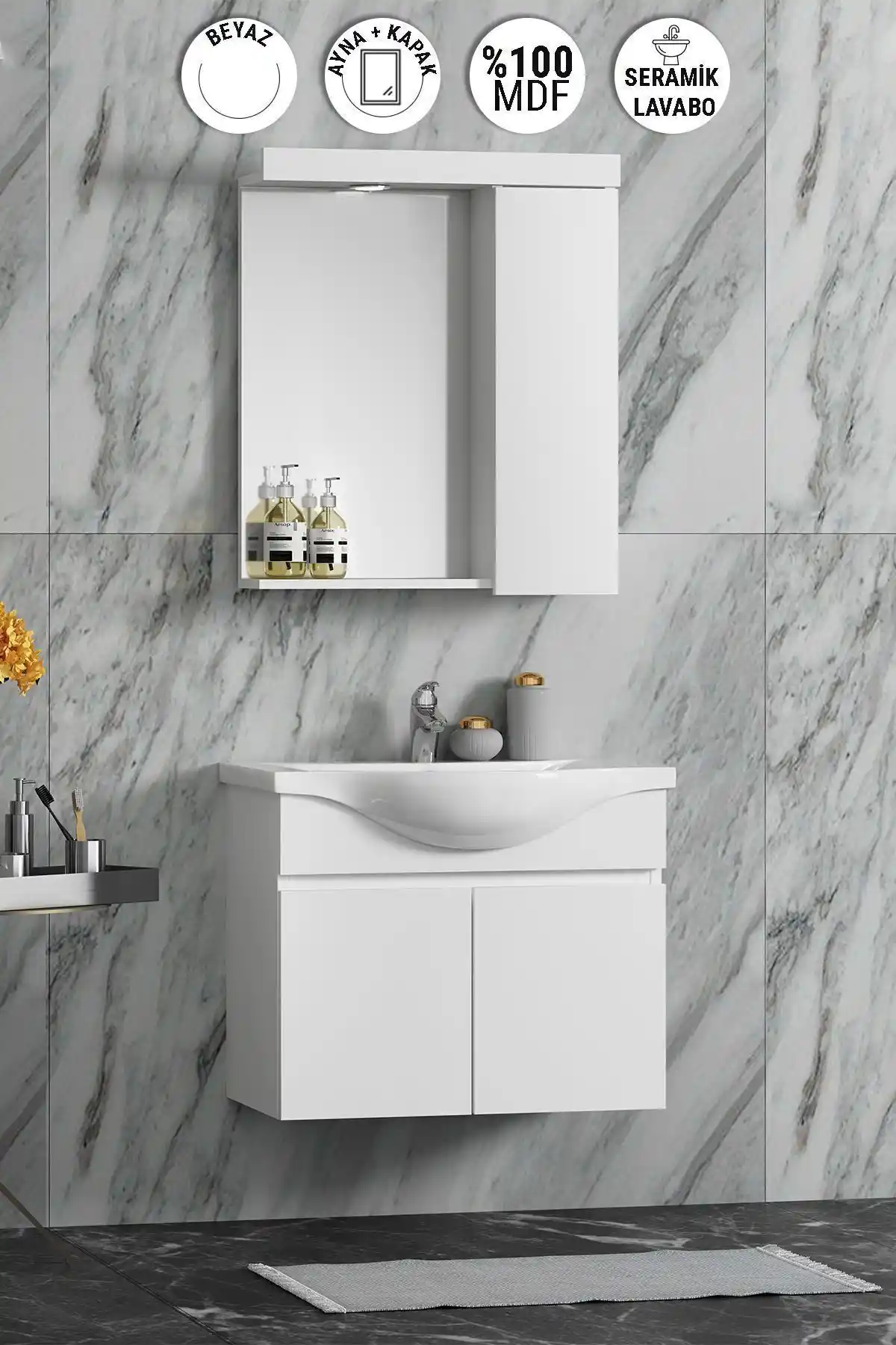 ÖZCEDEN Yılz Serisi 65 cm MDF Seramik Lavabolu Asma Banyo Dolabı Tanıtımı ve Özellikleri