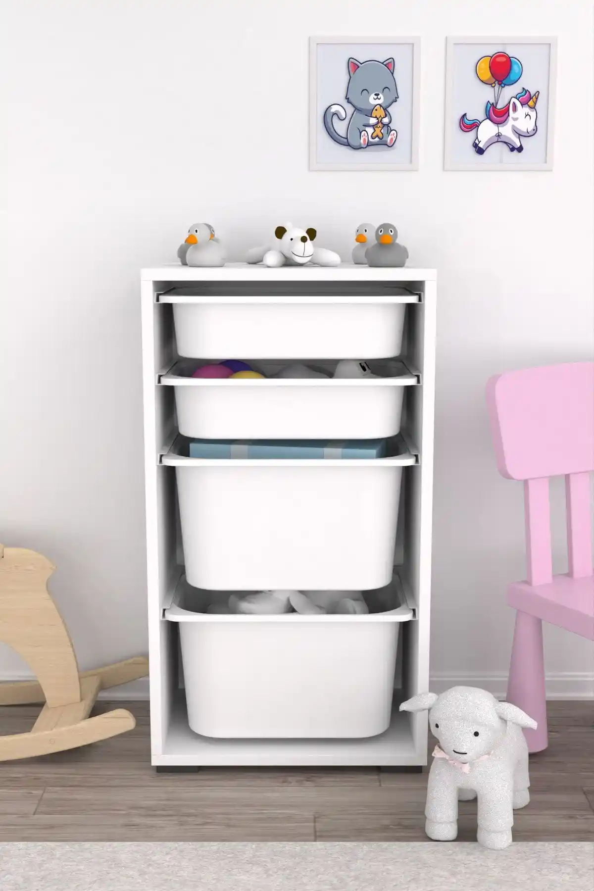 Pratico 2 Büyük 2 Küçük Sepetli Oyuncak Dolabı Modern ve Çok Amaçlı Çocuk Odası Depolama Çözümü