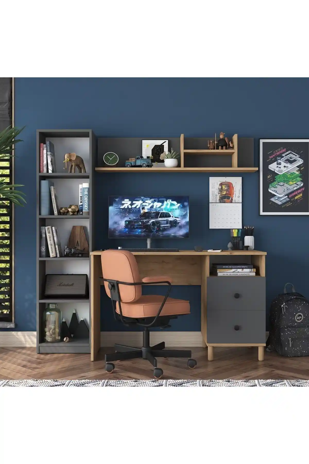 Rani Ha115 Çekmeceli Kitaplıklı Çalışma Ofis Masası Gri Modern Tasarım ve Ergonomik Özellikler