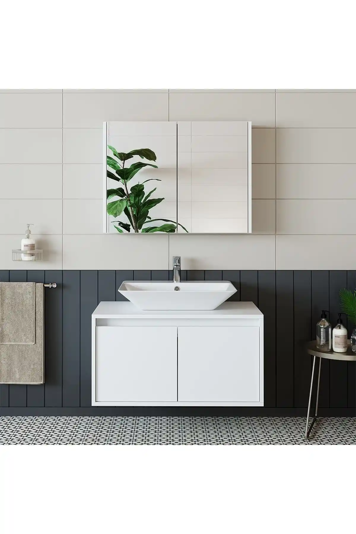 ROOMART Banos Banyo Dolabı ve Aynalı Üst Dolap 85 cm Mat Beyaz MDF Modern Tasarım