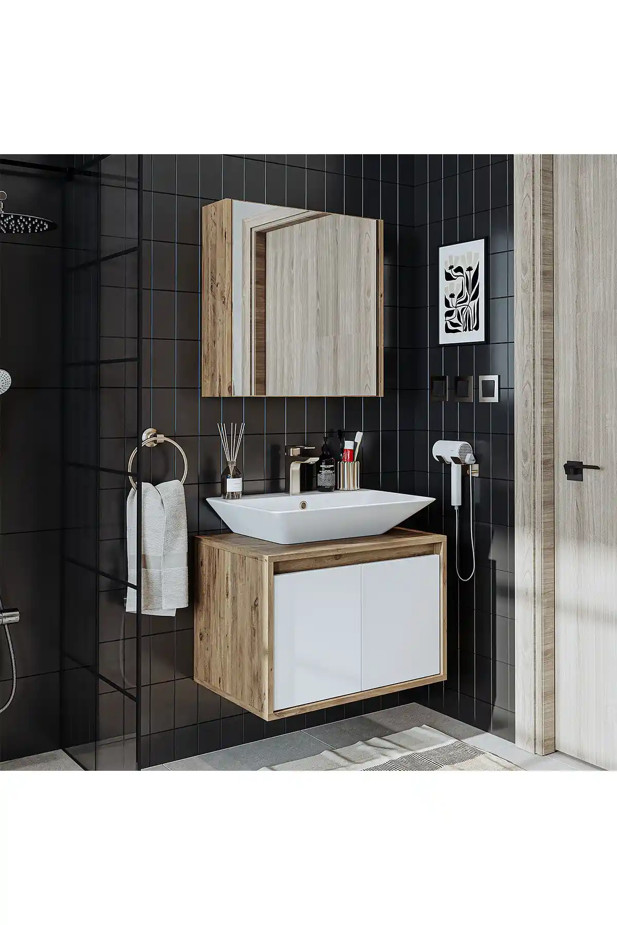 ROOMART Tm7.2 Ayaksız 2 Kapaklı Ahşap-Mat Beyaz MDF Banyo Dolabı ve Aynalı Üst Dolabı