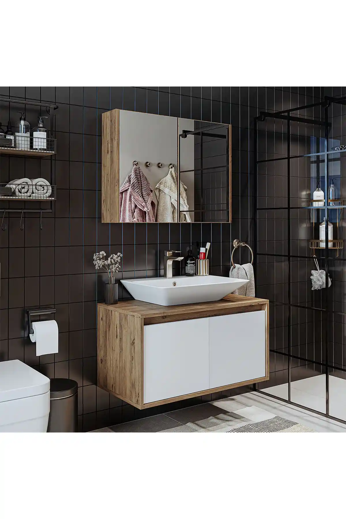 ROOMART Tm7.2 Ayaksız Modern Banyo Dolabı ve Aynalı Üst Dolapları, Şık ve Dayanıklı Tasarım