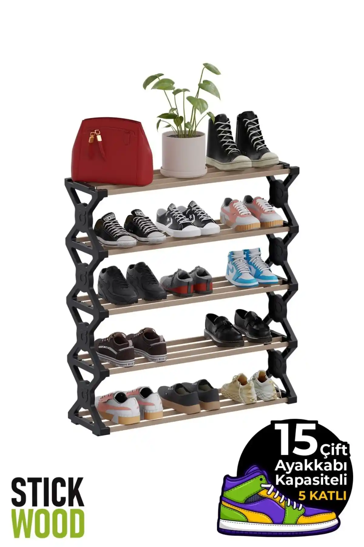 Stickwood 5 Katlı Çok Amaçlı Ahşap ve Plastik Raf: Modern ve Dayanıklı Depolama Çözümü