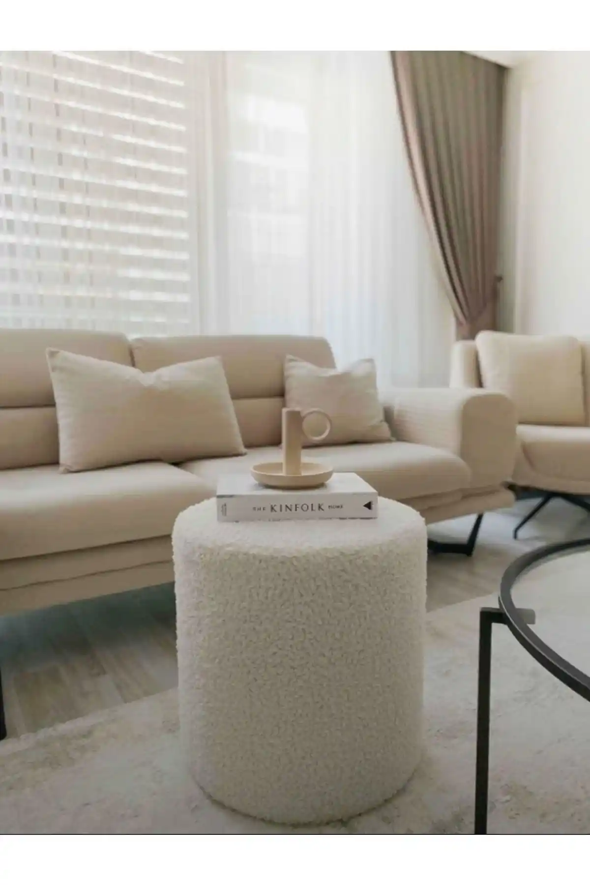 WEBPANYA Kırık Beyaz Tedy Kumaş Silindir Dekoratif Puf Modern ve Çok Amaçlı Kullanım İçin