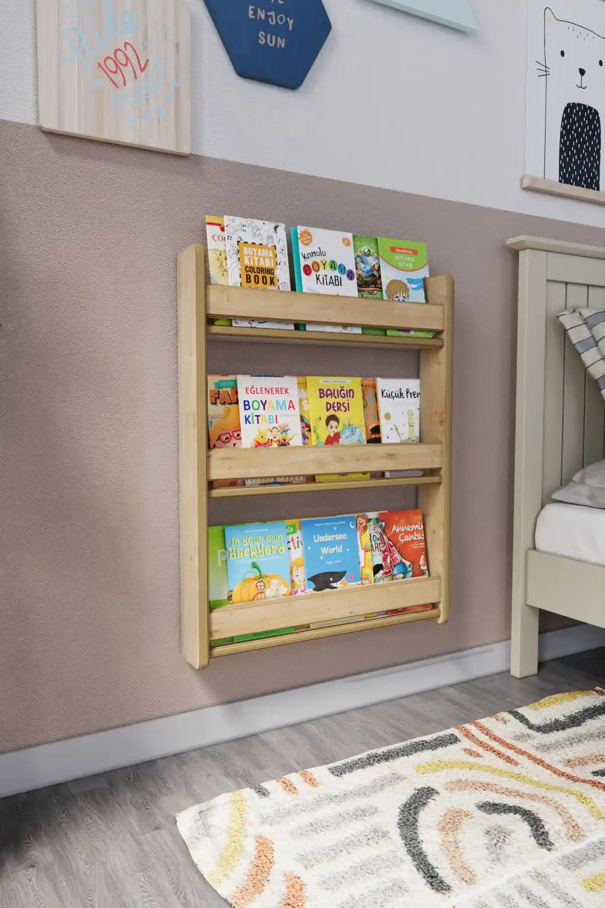 Zeo Wood Design Montessori 3 Raflı Çocuk Kitaplığı Güvenli ve Estetik Tasarım