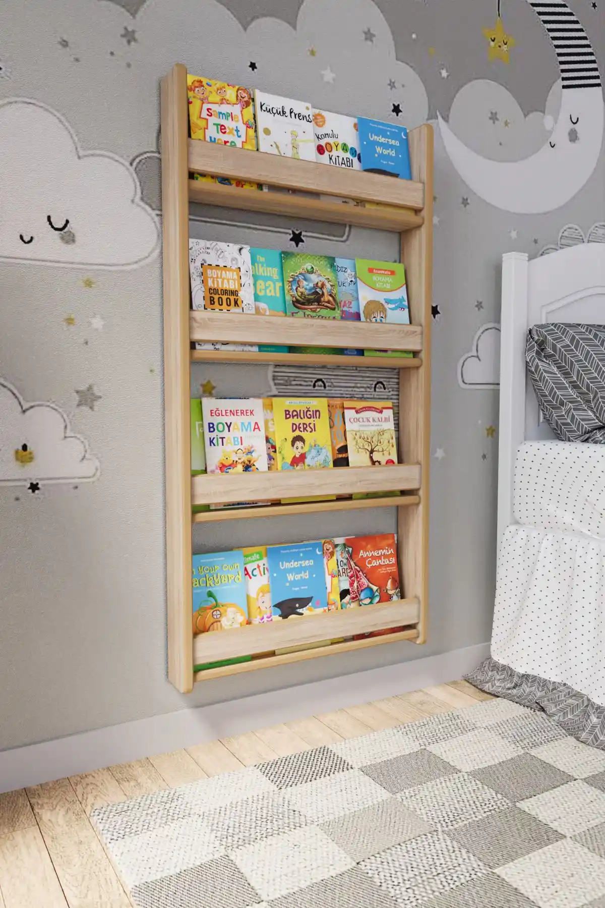 Zeo Wood Design Montessori 4 Raflı MDF Çocuk Kitaplığı Güvenli ve Şık Depolama Çözümü