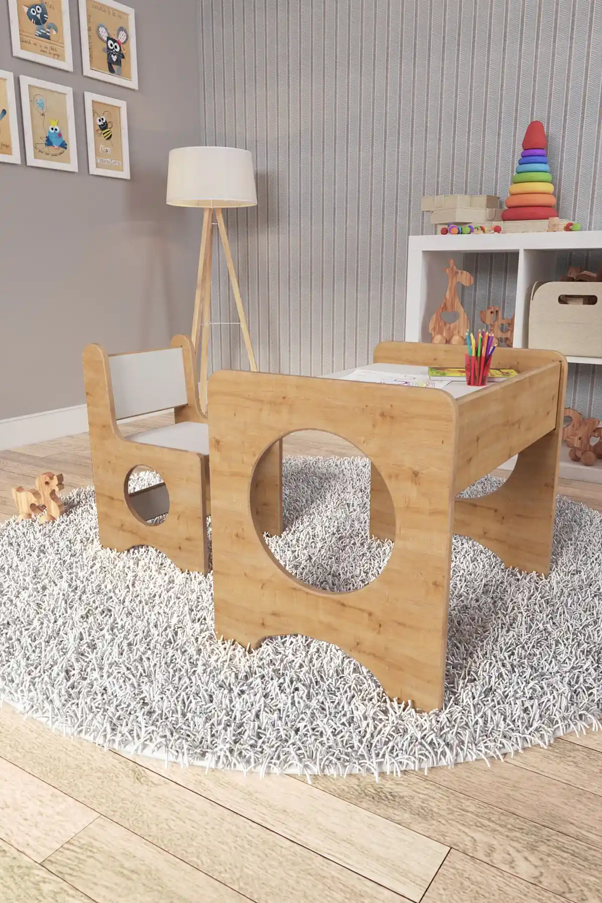 Zeo Wood Design Montessori Çocuk Masası ve Sandalyesi Güvenli ve Estetik Çocuk Oyun Alanı