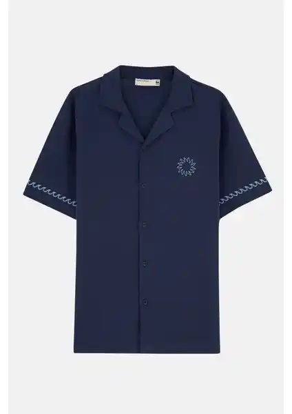 WWF Market Güneş ve Dalga Müslin Gömlek Lacivert Unisex Yazlık Şık ve Konforlu Tasarım