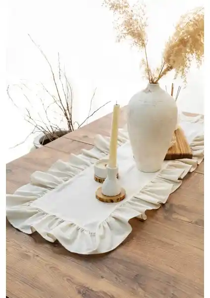 Abide&Hanım Rufle I Runner Keten Masa Örtüsü Modern ve Şık Tasarım