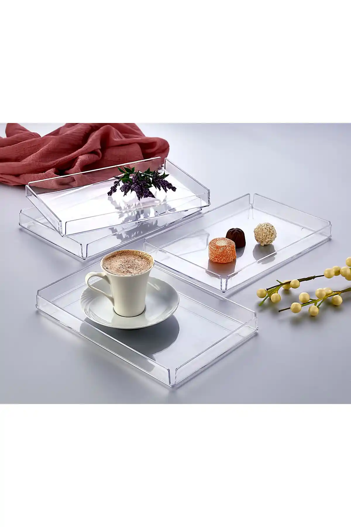 Akrilik Kristal Sunum Tepsisi 4'lü Şeffaf ve Dayanıklı Mutfak Aksesuarı
